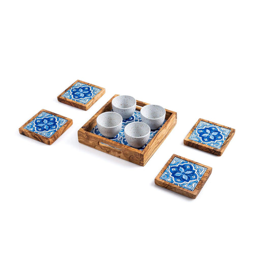 9-Piece Olive Wood and Stoneware Serving Set – Elegant Coasters, Cups, and Tray