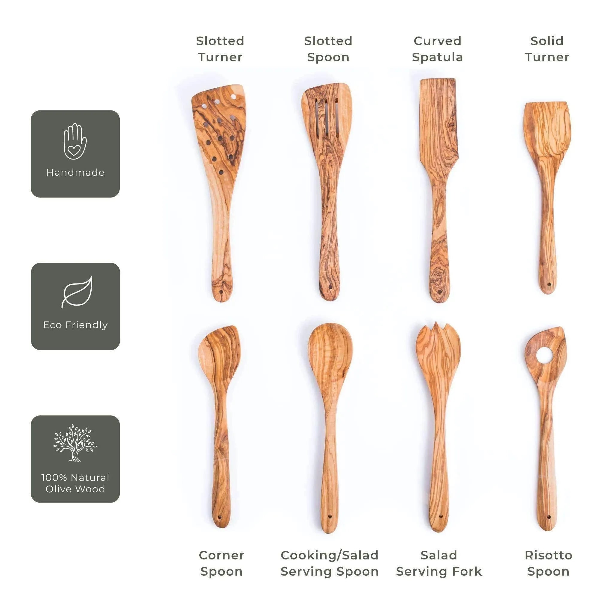 Ditch Plastic, Go Natural! Set of 8 Handmade Olive Wood Utensils