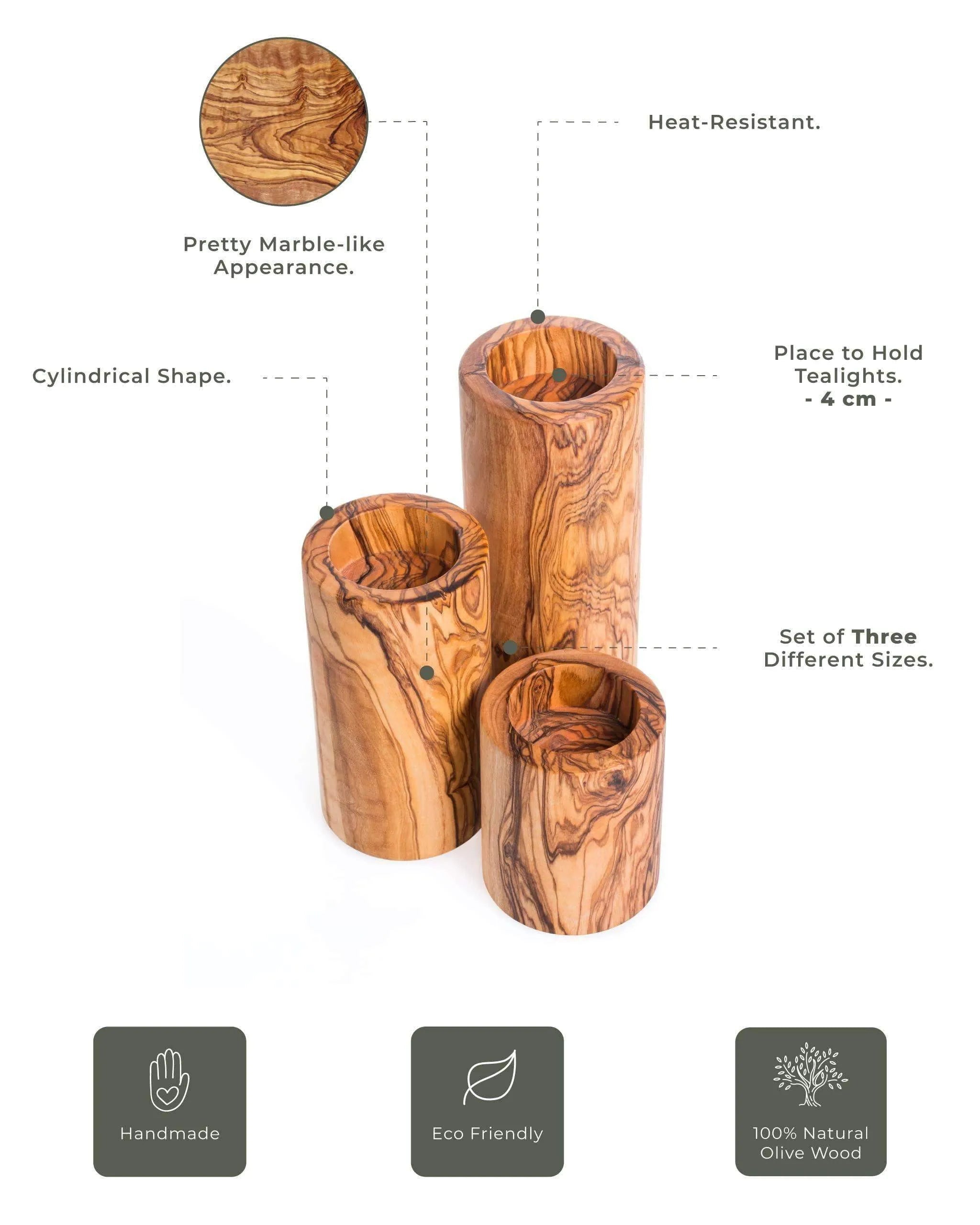 Handmade Olive Wood Candle Holders – Set of 3 Cylindrical Rustic Tealight Holders