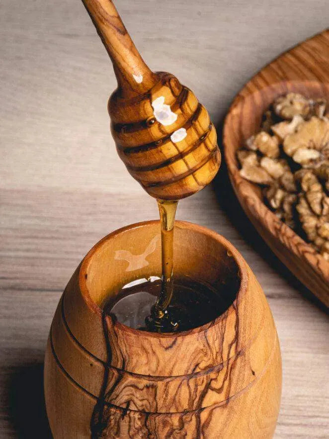 Handmade Olive Wood Honey Jar with Lid & Dipper – Rustic & Eco-Friendly