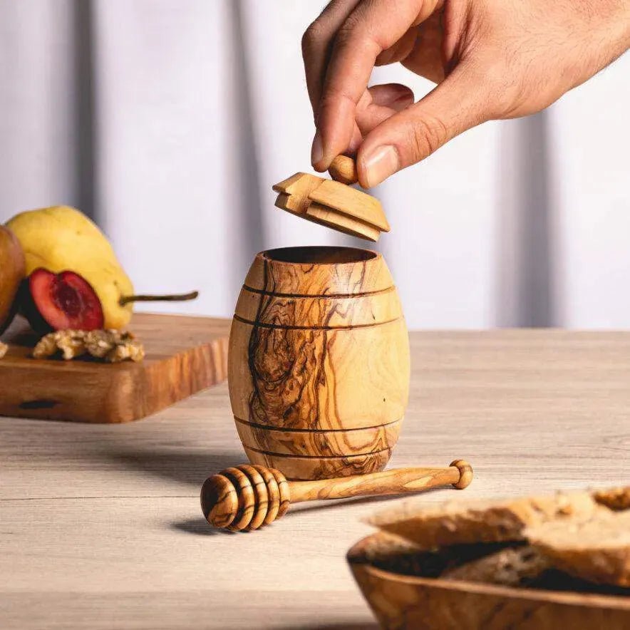 Handmade Olive Wood Honey Jar with Lid & Dipper – Rustic & Eco-Friendly