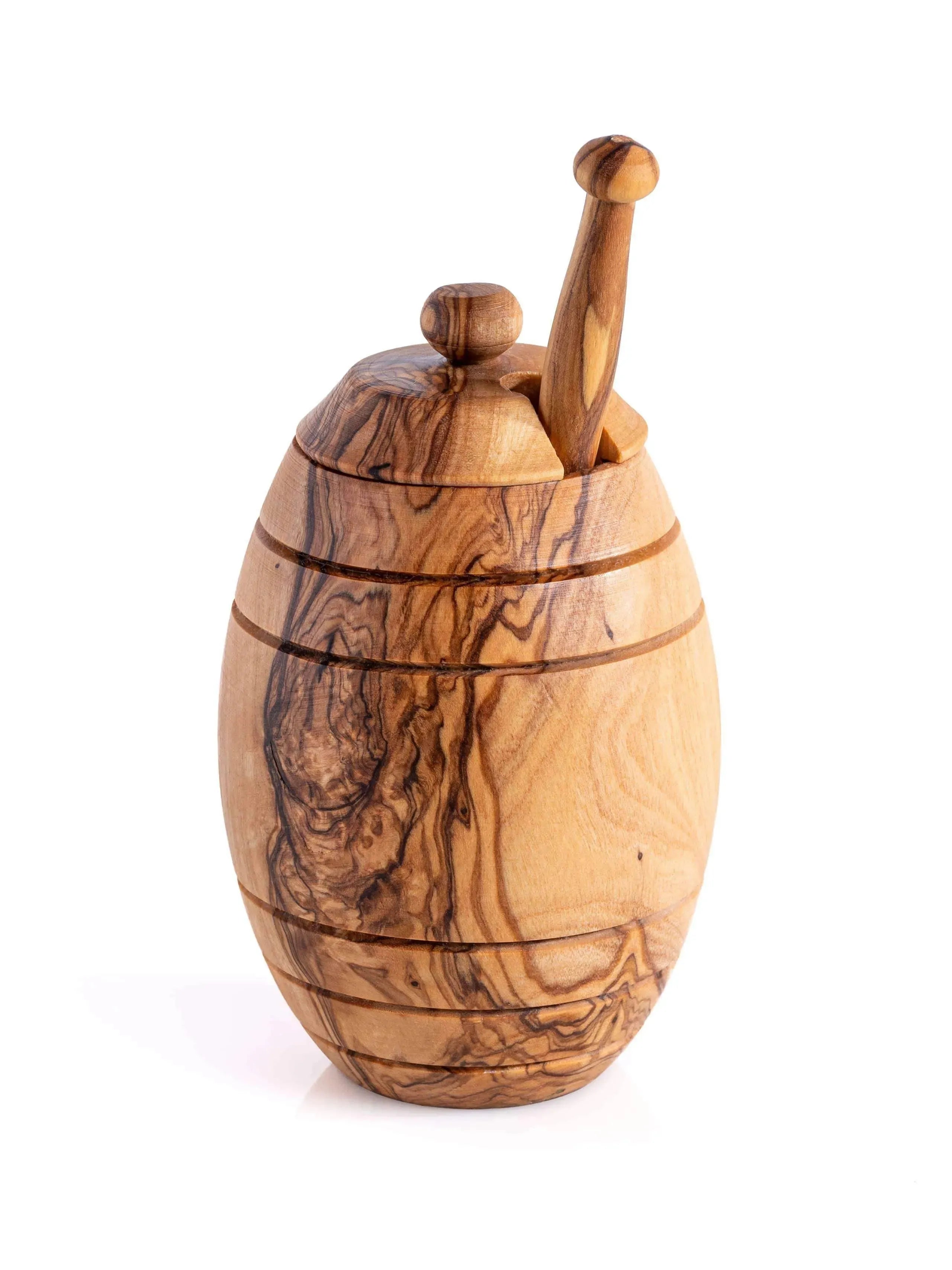 Handmade Olive Wood Honey Jar with Lid & Dipper – Rustic & Eco-Friendly