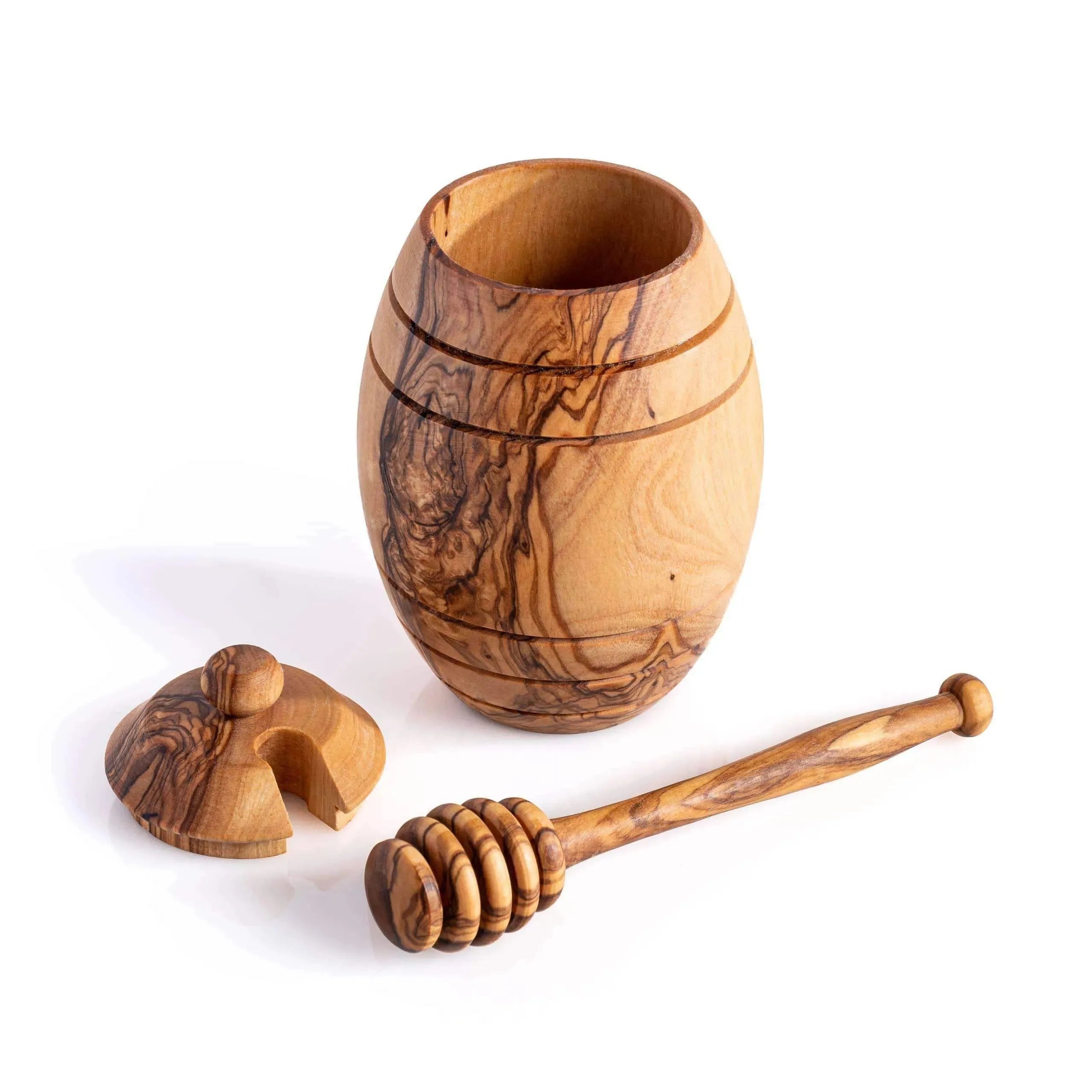 Handmade Olive Wood Honey Jar with Lid & Dipper – Rustic & Eco-Friendly