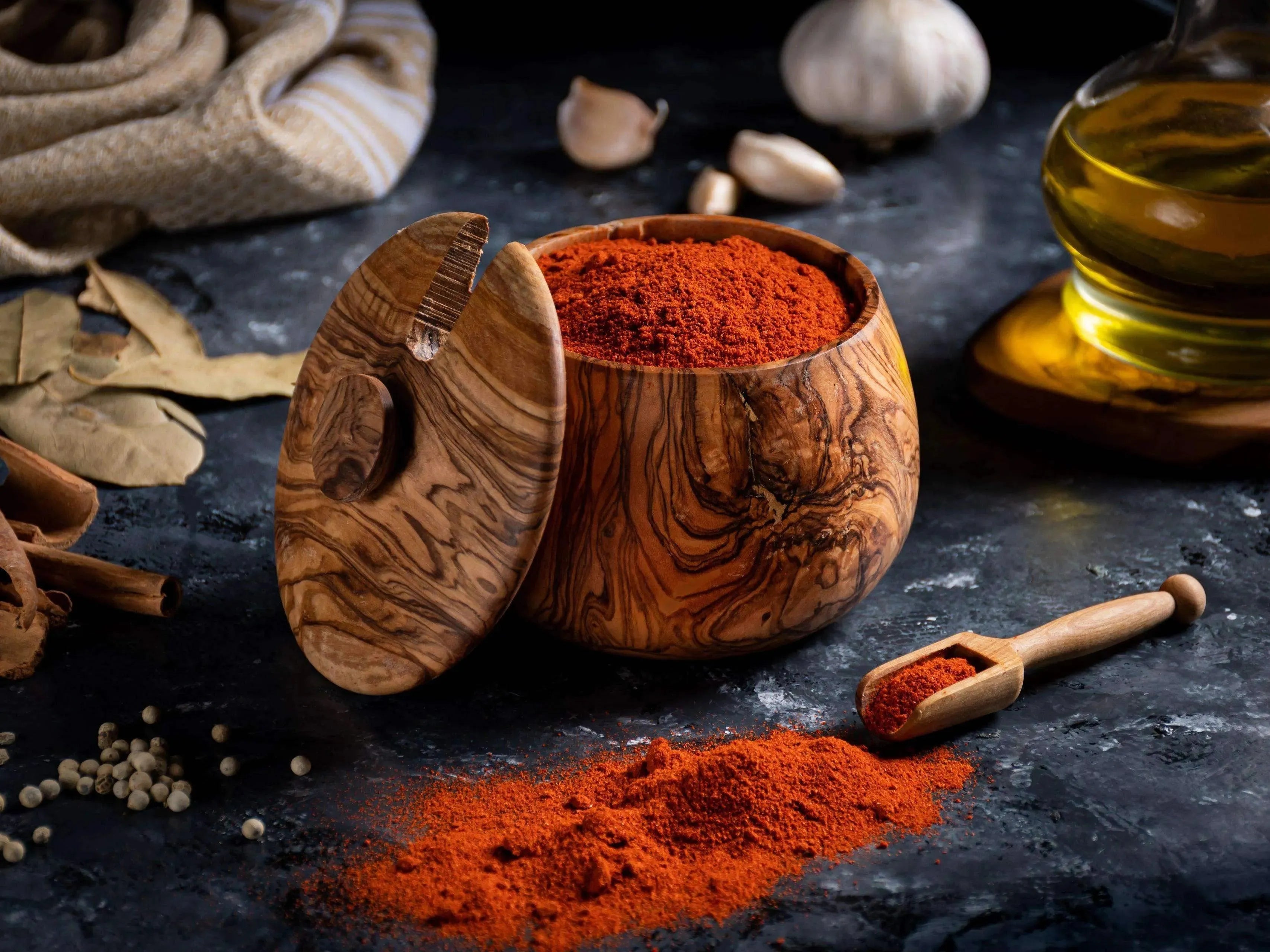 Handmade Olive Wood Jar with Lid & Scoop – Natural Spice Container