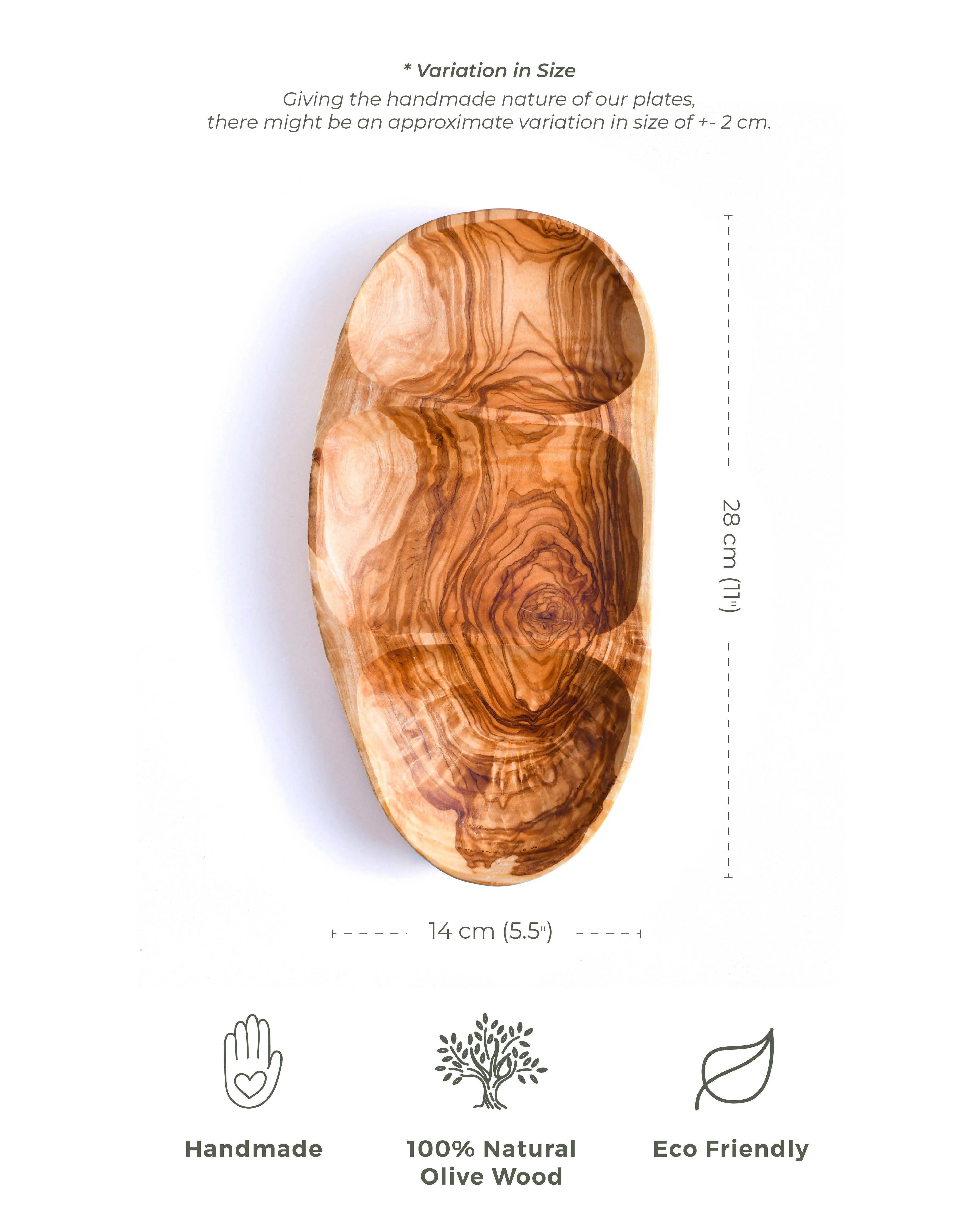 Handmade Olive Wood Snack Plate – 3 Compartments for Appetizers & Snacks