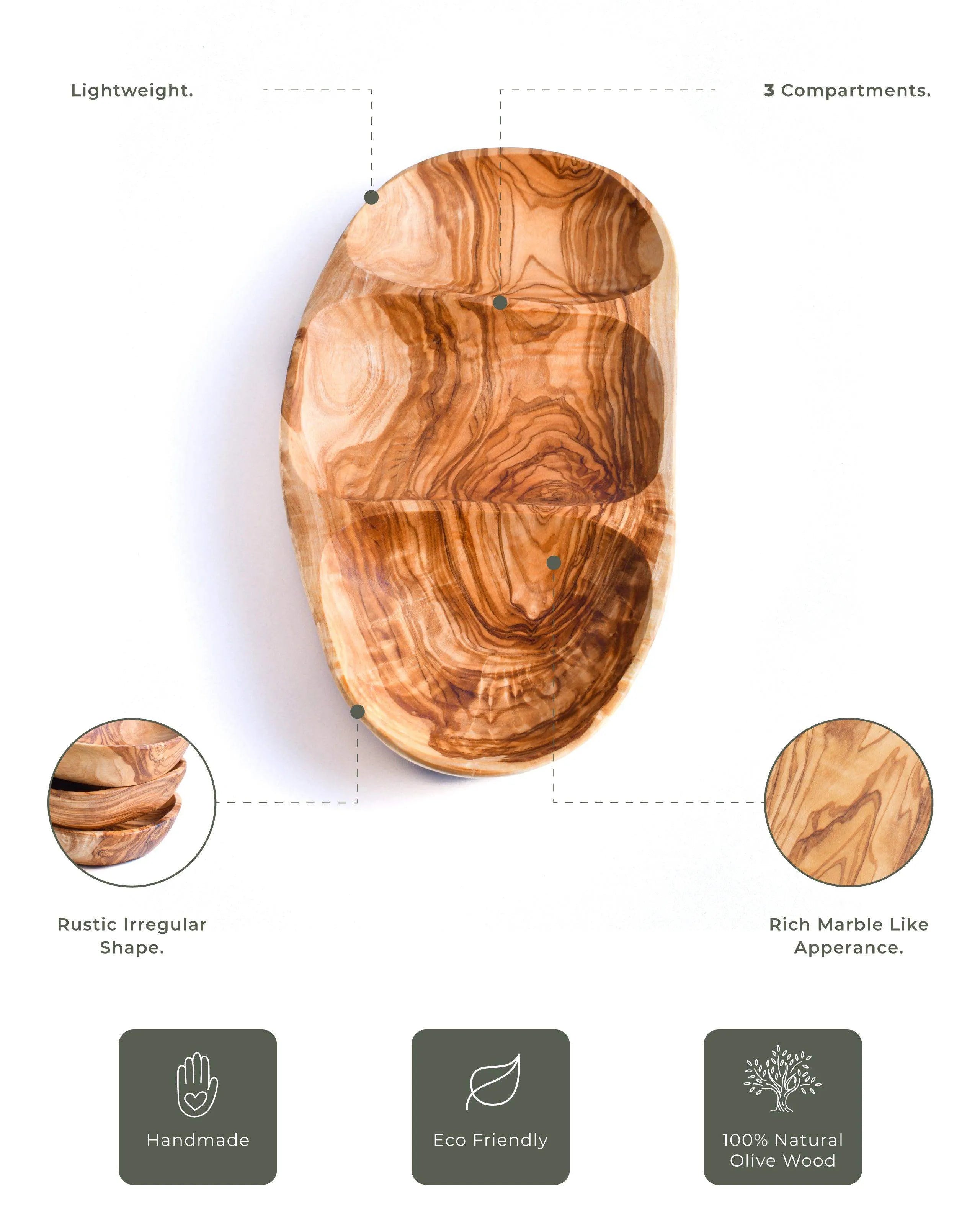 Handmade Olive Wood Snack Plate – 3 Compartments for Appetizers & Snacks