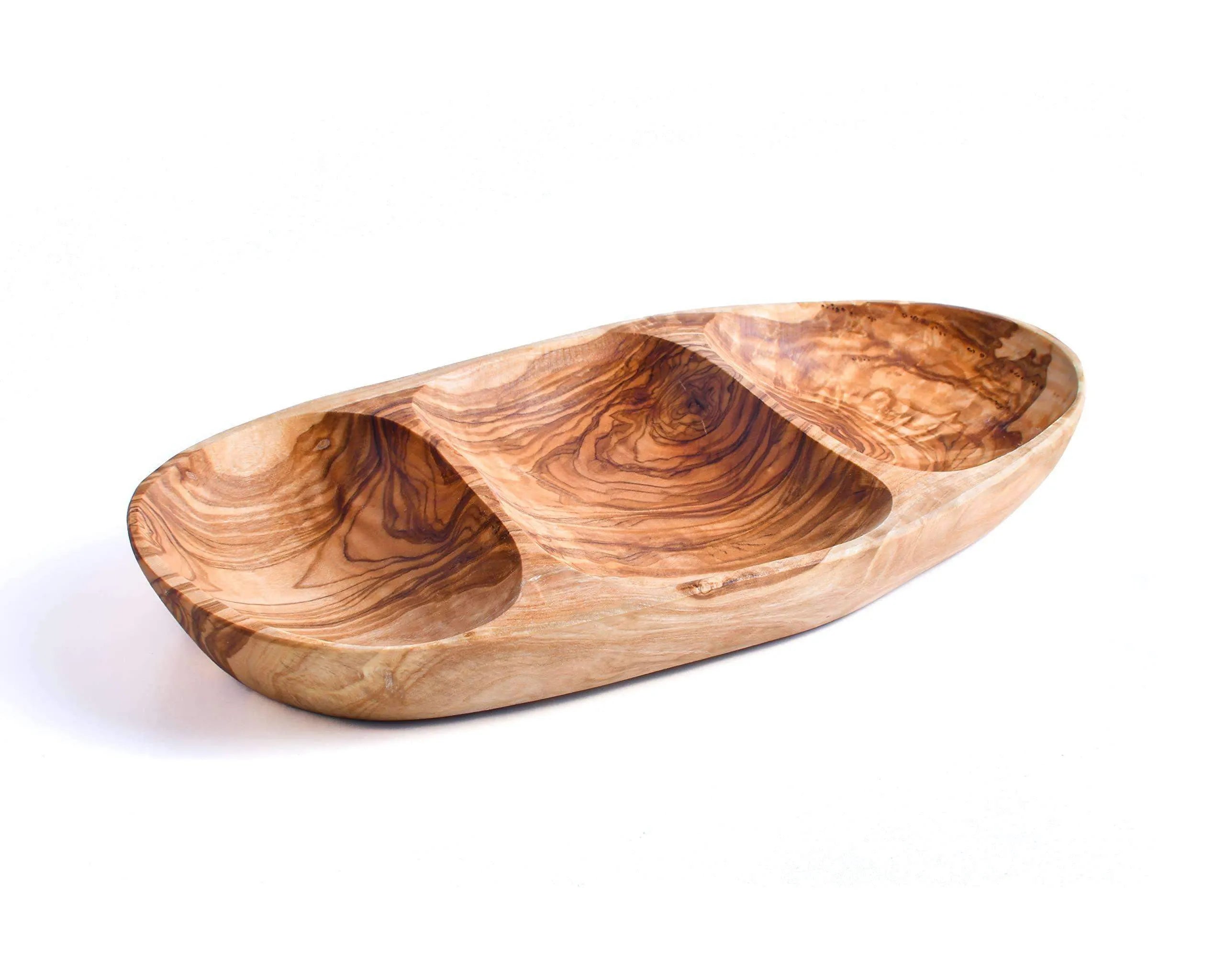 Handmade Olive Wood Snack Plate – 3 Compartments for Appetizers & Snacks