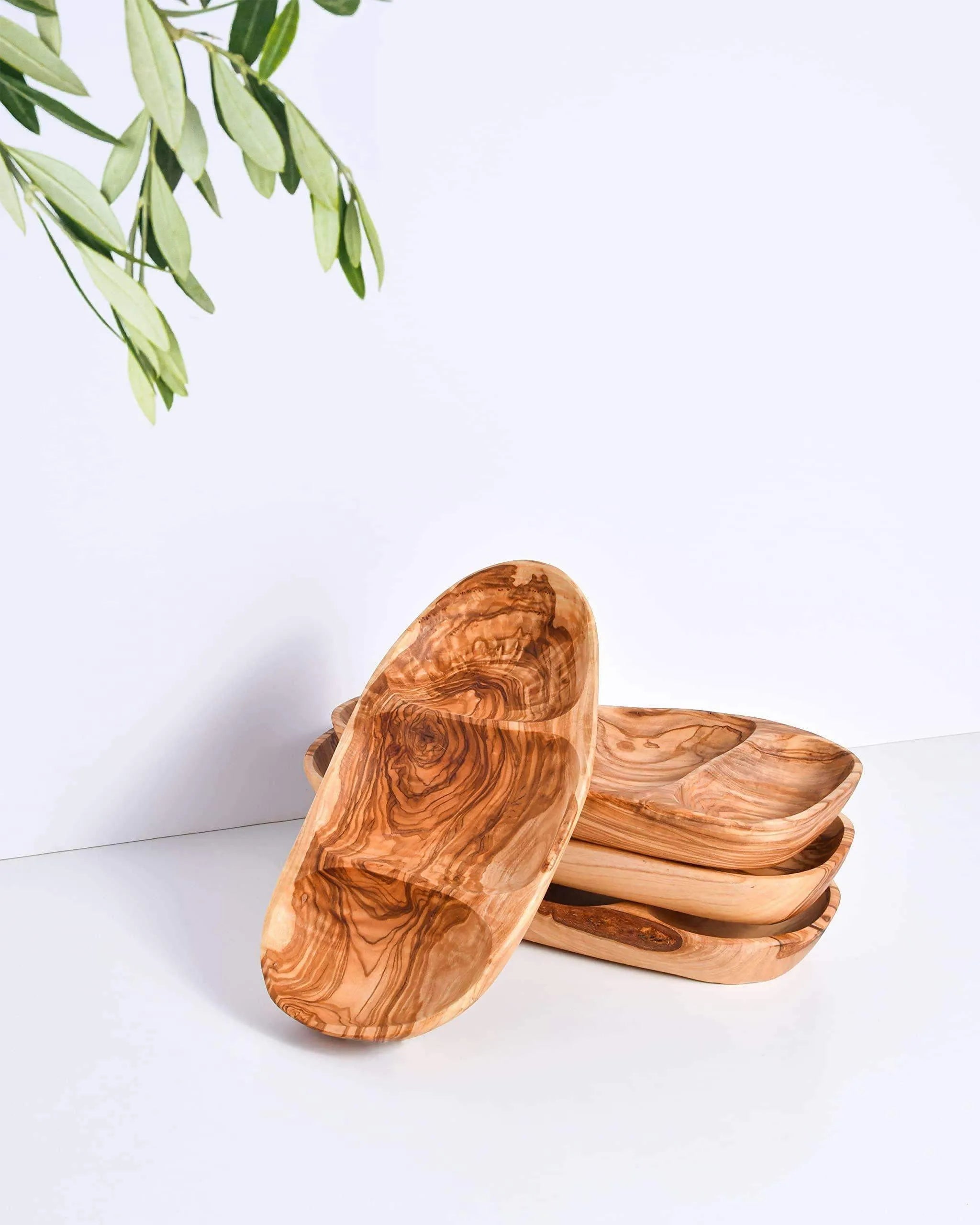 Handmade Olive Wood Snack Plate – 3 Compartments for Appetizers & Snacks