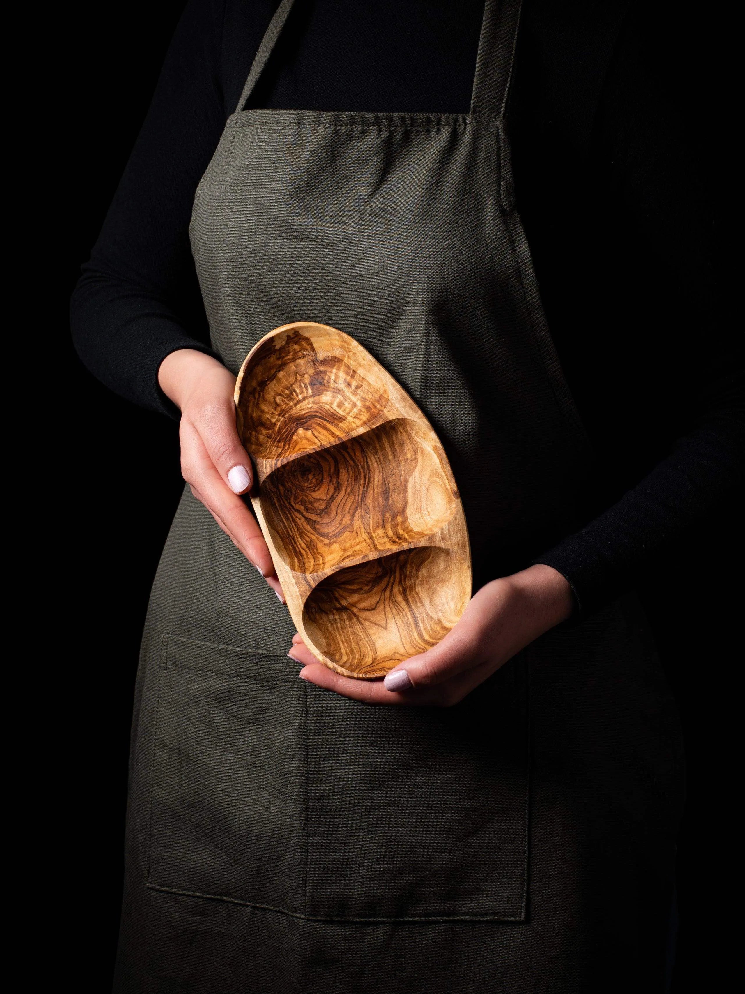 Handmade Olive Wood Snack Plate – 3 Compartments for Appetizers & Snacks