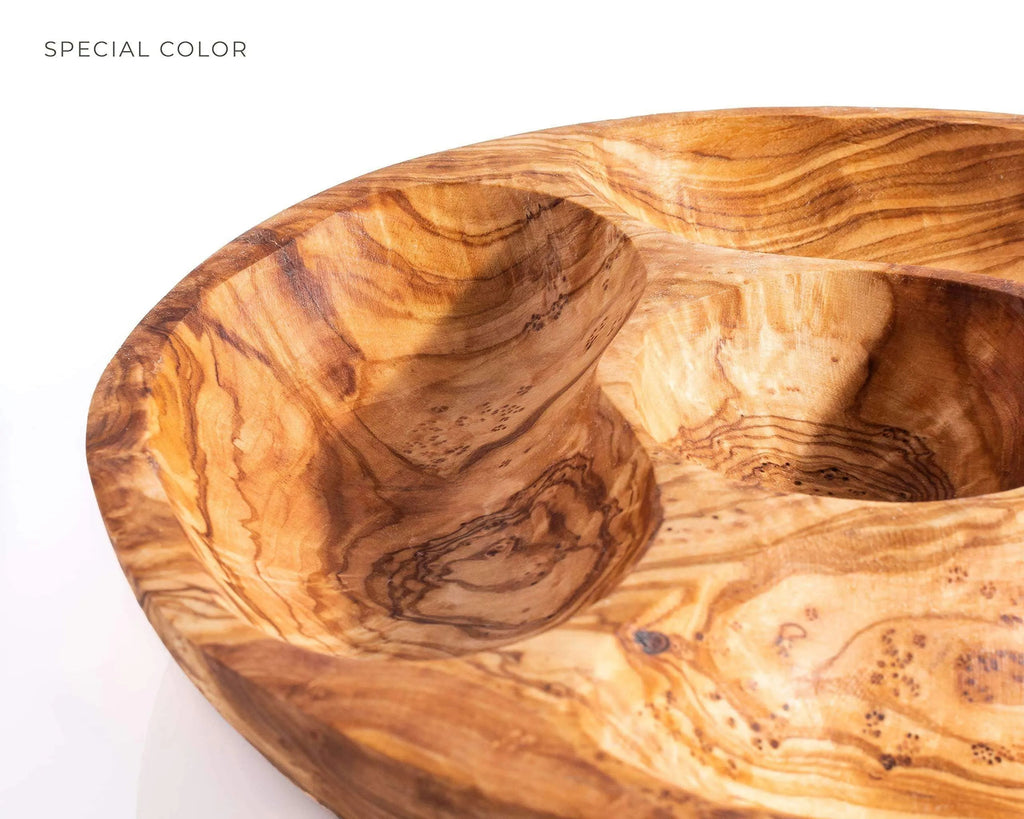 Handmade Olive Wood Snack Plate – 4-Compartment Round Appetizer Tray (8.6")