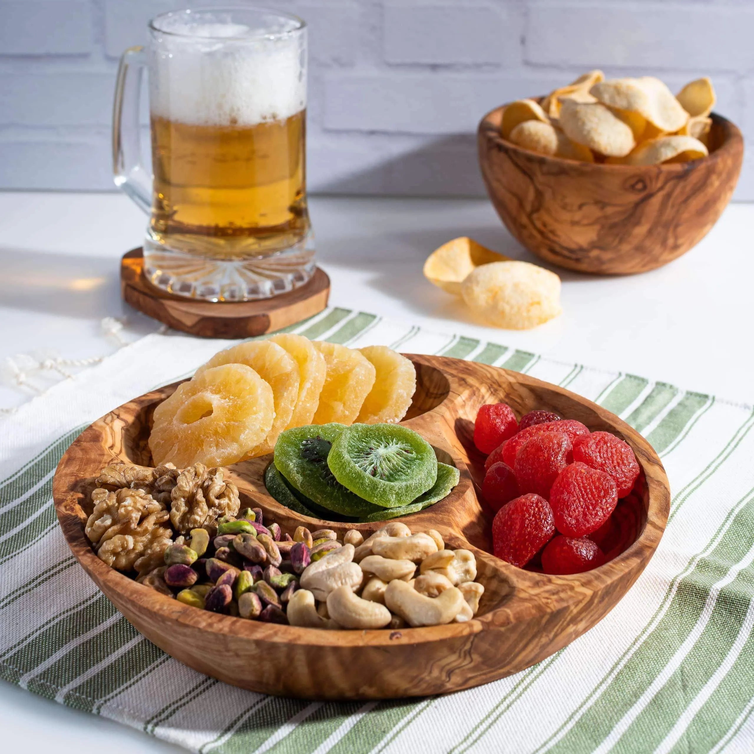 Handmade Olive Wood Snack Plate – 4-Compartment Round Appetizer Tray (8.6")