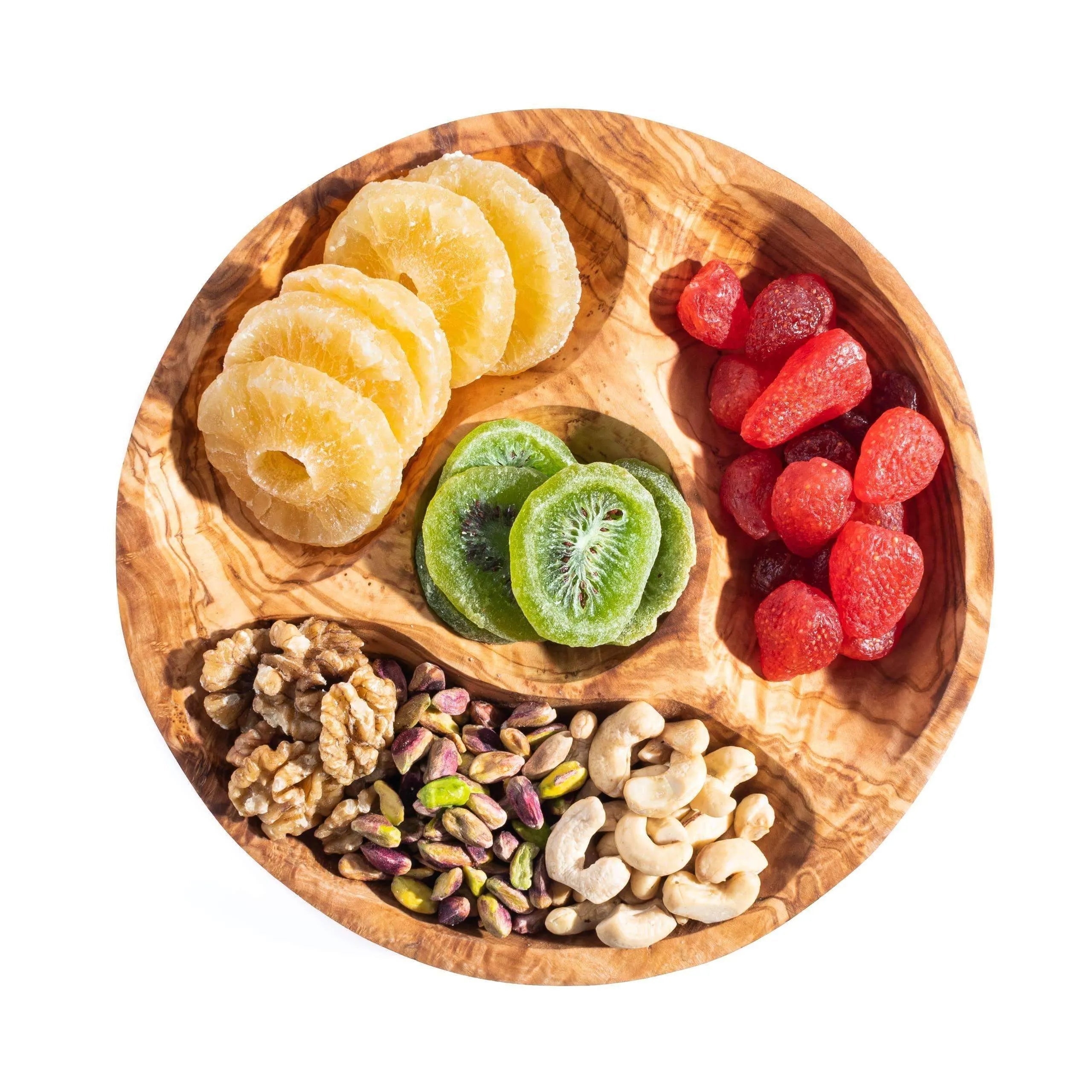 Handmade Olive Wood Snack Plate – 4-Compartment Round Appetizer Tray (8.6")
