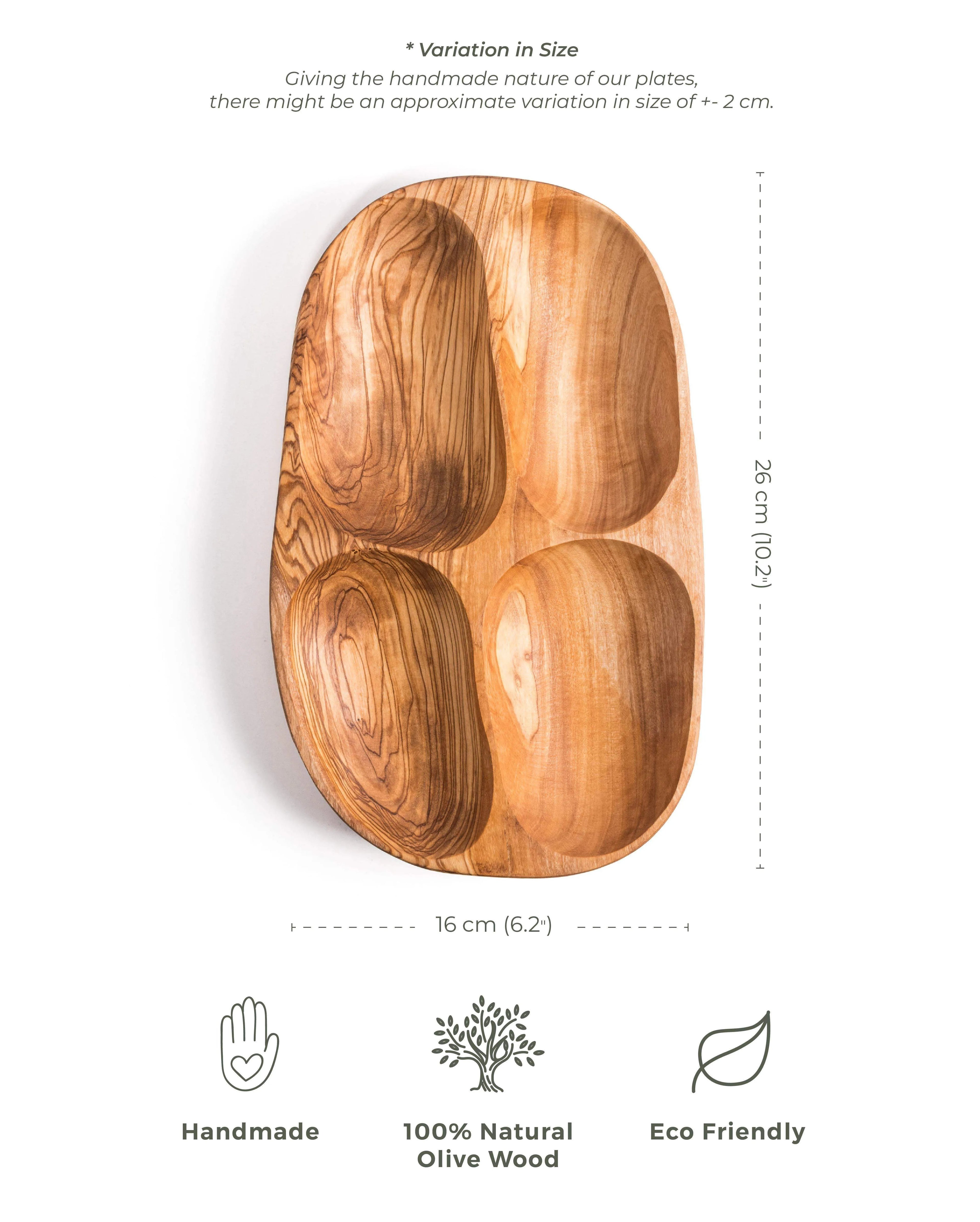 Handmade Olive Wood Snack Plate – 4 Compartments | Elegant, Eco-Friendly & Unique