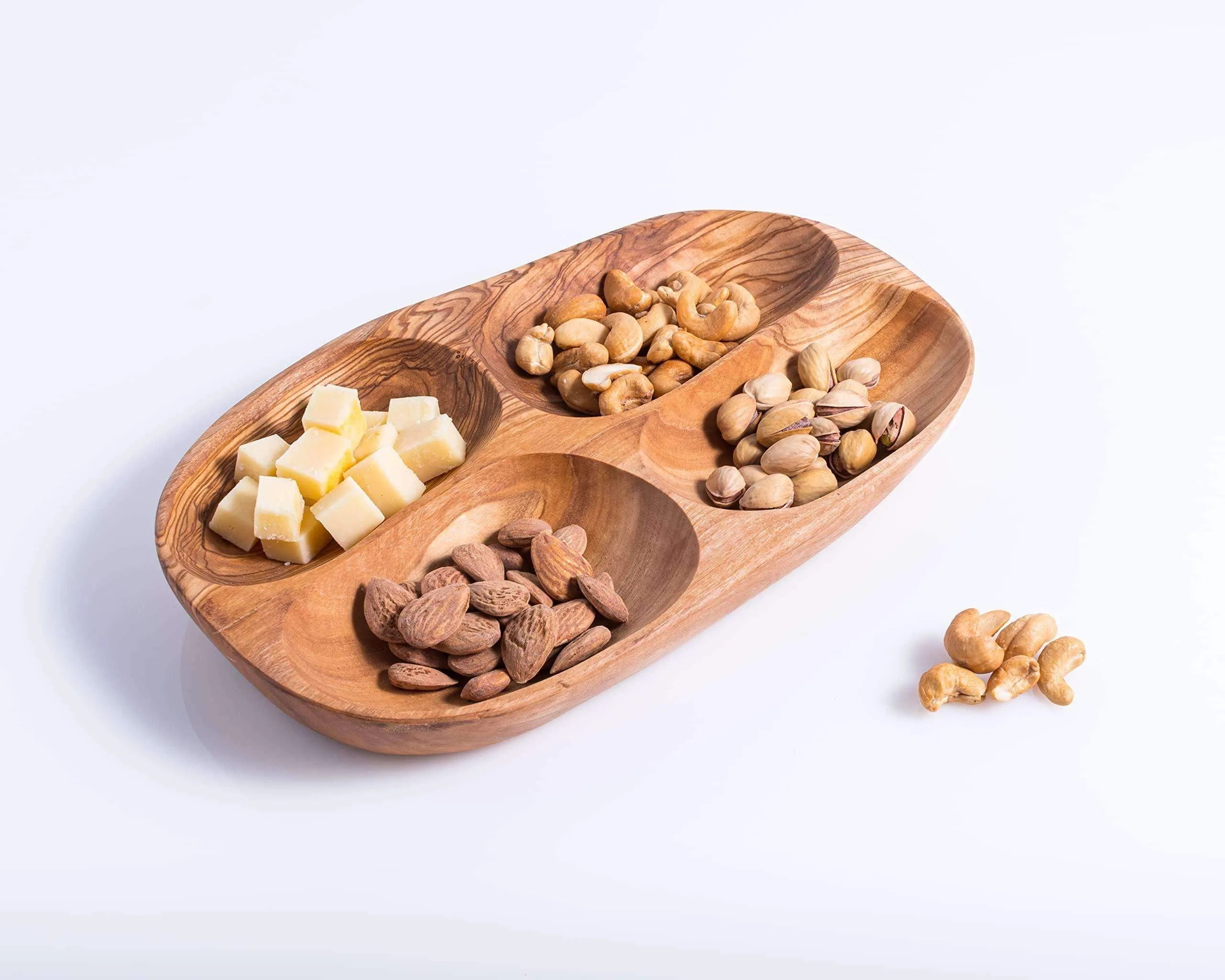Handmade Olive Wood Snack Plate – 4 Compartments | Elegant, Eco-Friendly & Unique