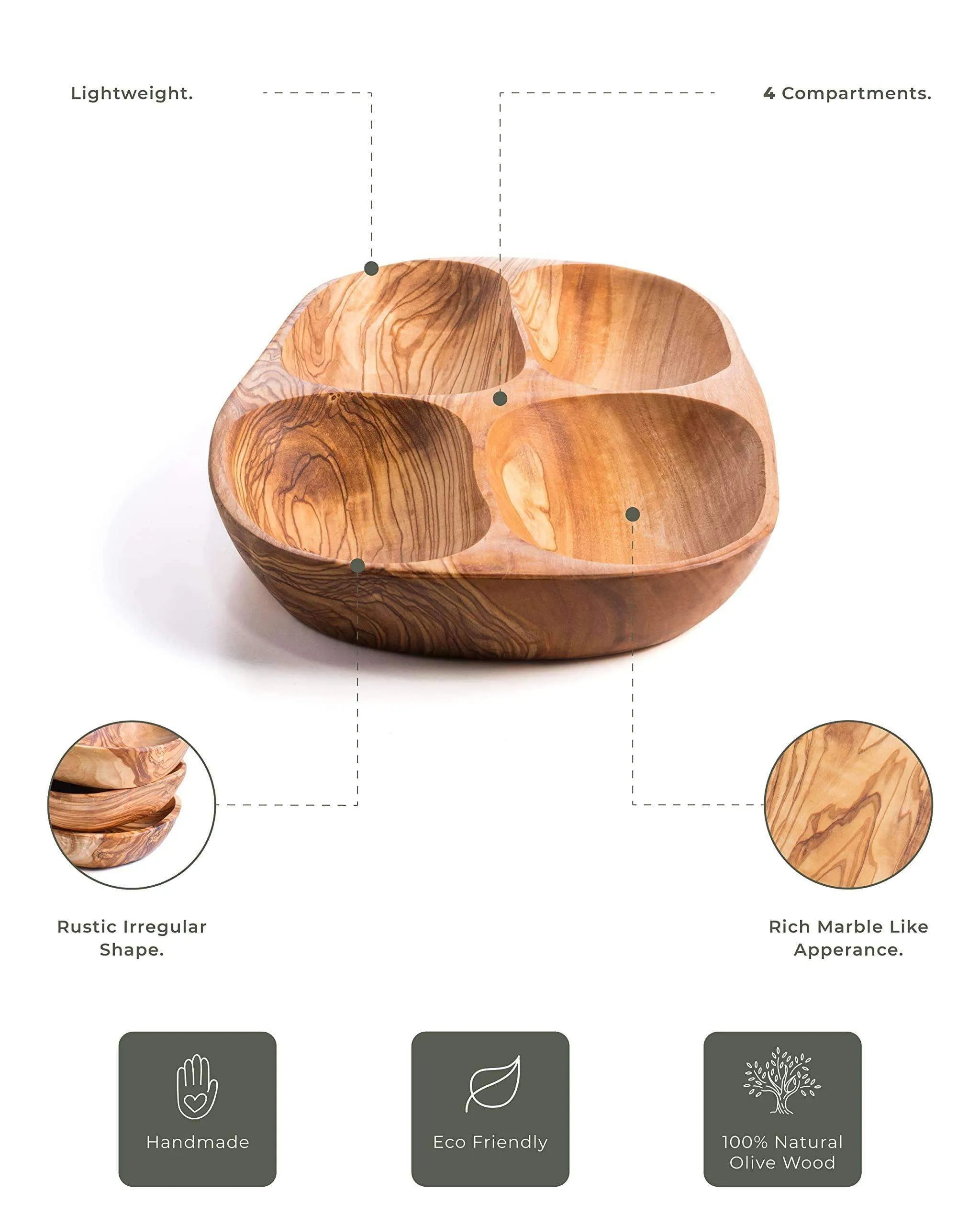 Handmade Olive Wood Snack Plate – 4 Compartments | Elegant, Eco-Friendly & Unique
