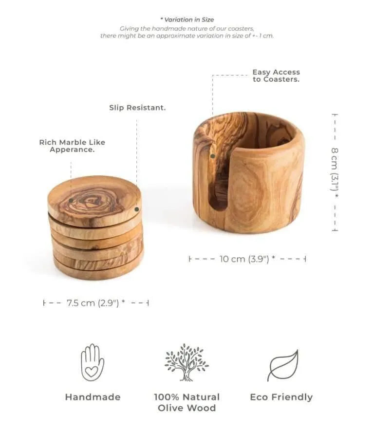 Lezarcad Handmade Olive Wood Coaster Set with Holder – 6 Rustic Coasters