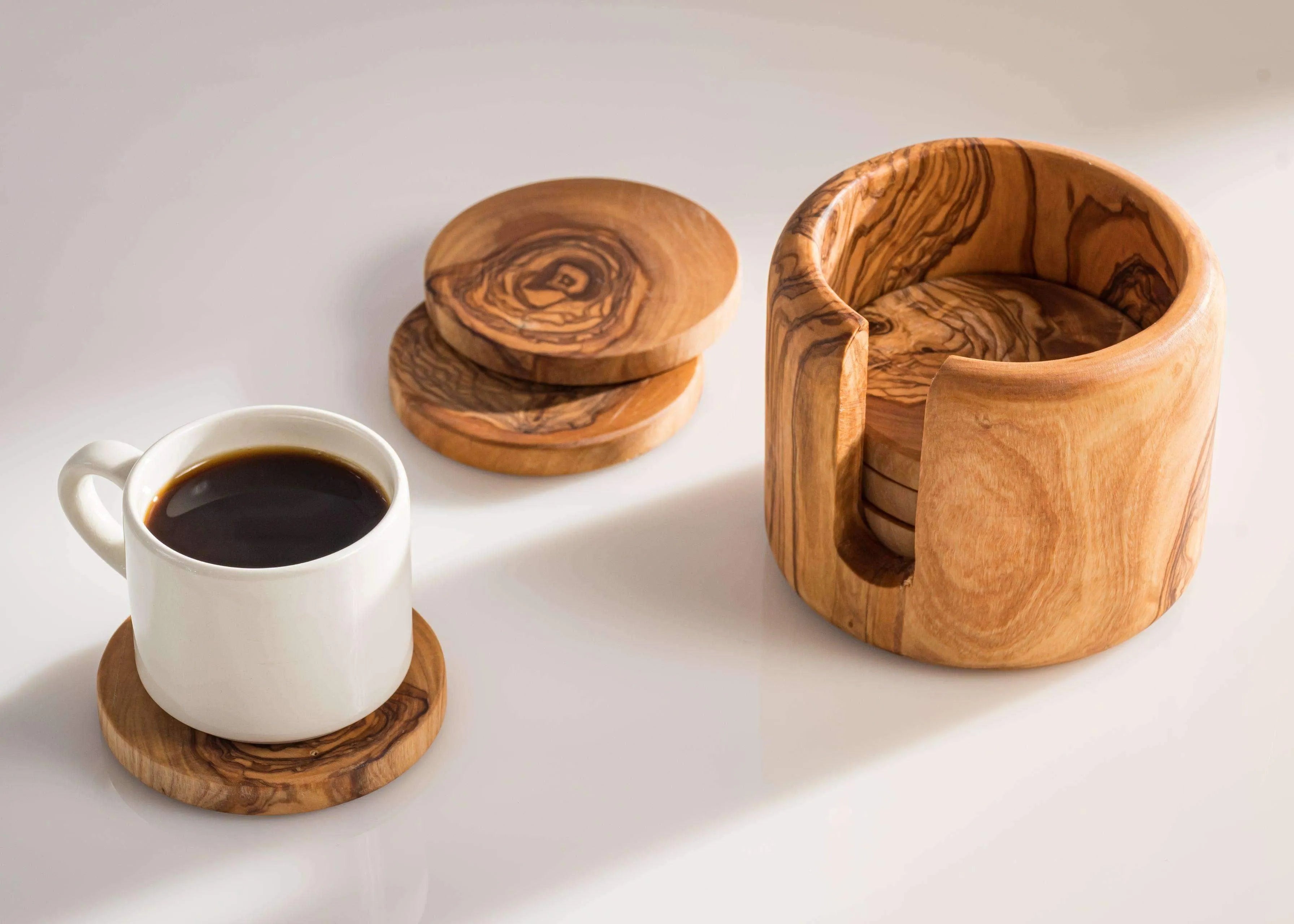 Lezarcad Handmade Olive Wood Coaster Set with Holder – 6 Rustic Coasters