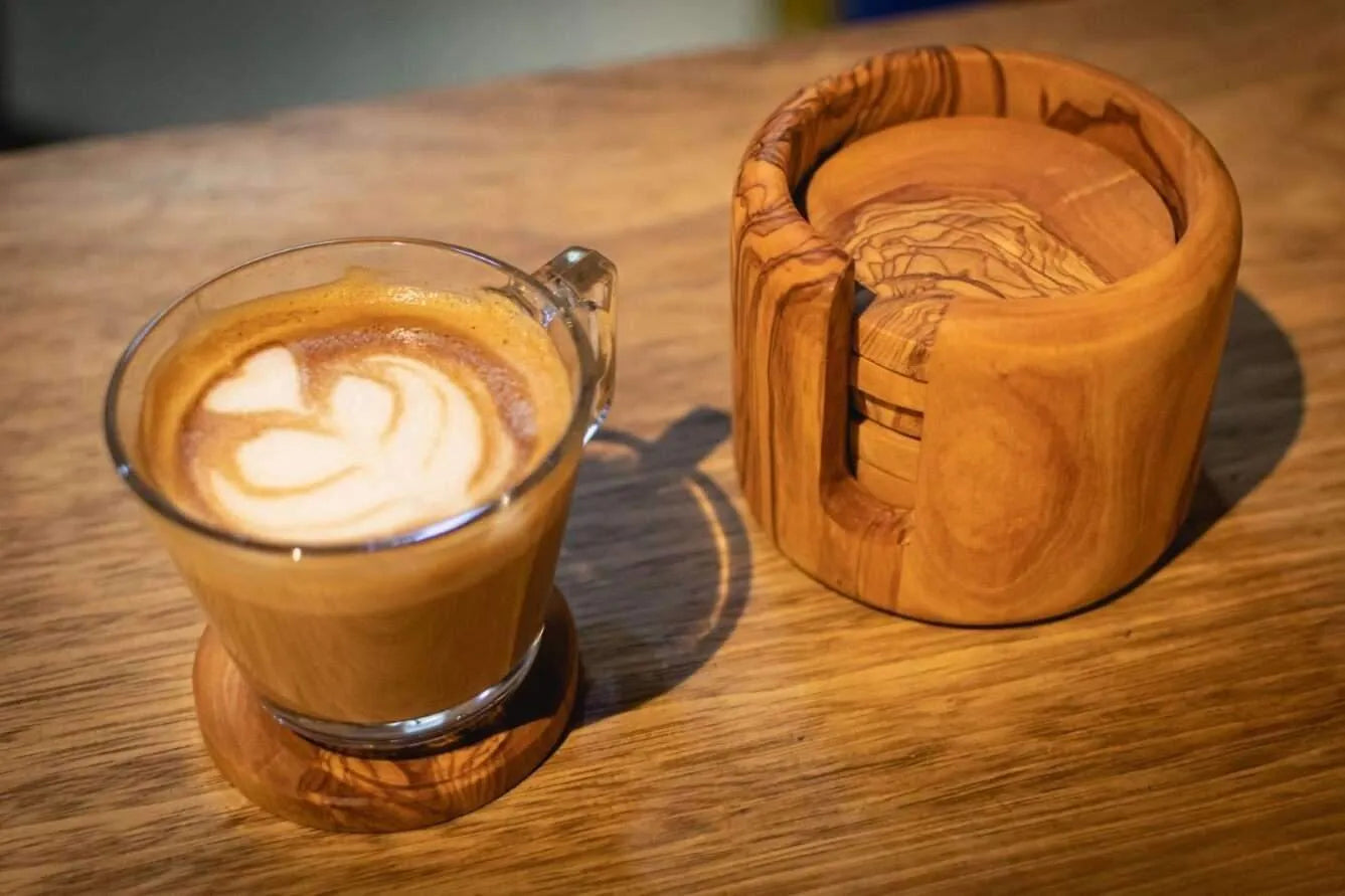 Lezarcad Handmade Olive Wood Coaster Set with Holder – 6 Rustic Coasters