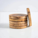 Lezarcad Handmade Olive Wood Coaster Set with Holder – 6 Rustic Coasters
