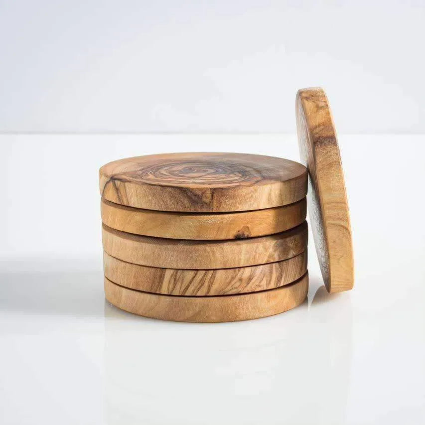 Lezarcad Handmade Olive Wood Coaster Set with Holder – 6 Rustic Coasters