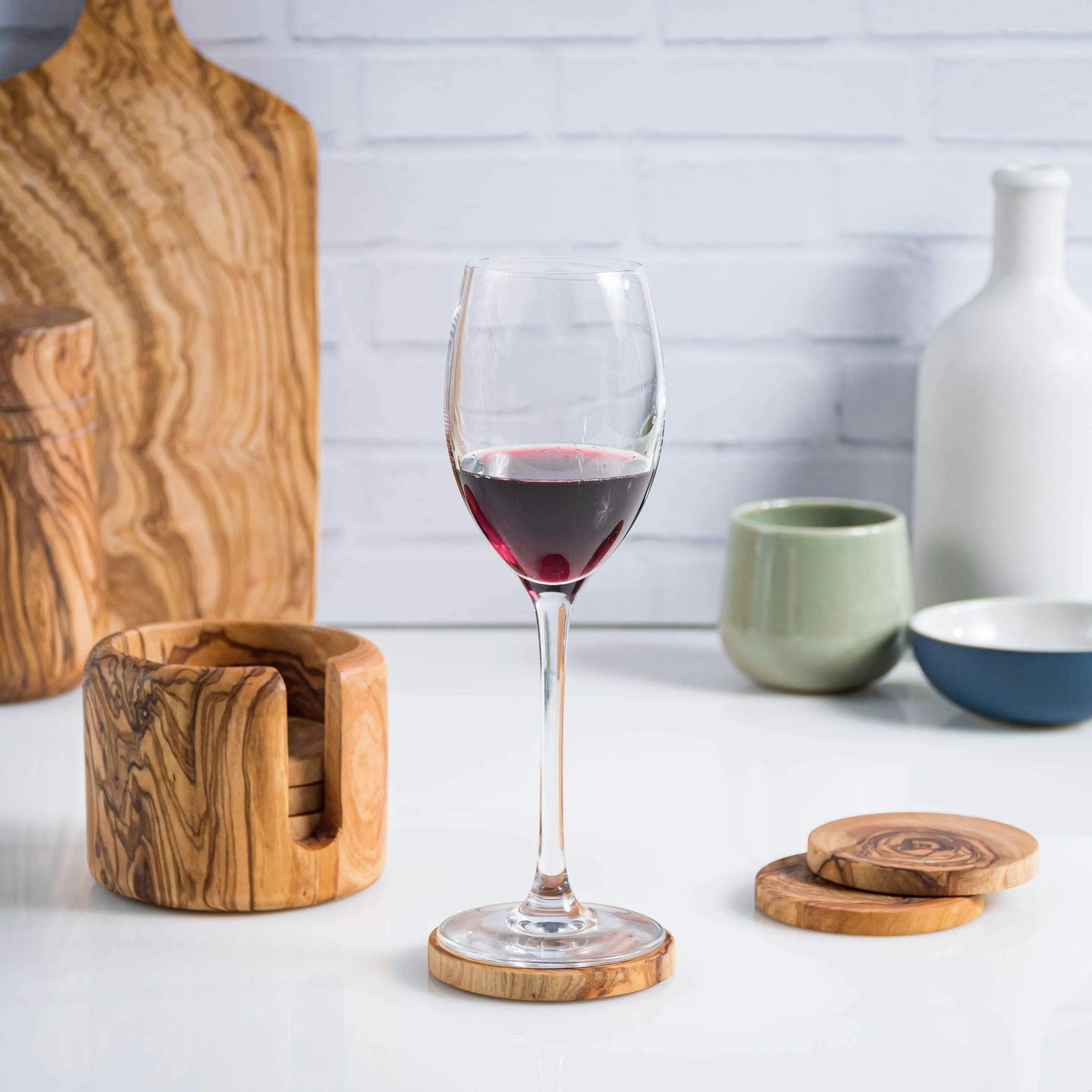 Lezarcad Handmade Olive Wood Coaster Set with Holder – 6 Rustic Coasters