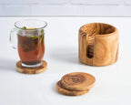 Lezarcad Handmade Olive Wood Coaster Set with Holder – 6 Rustic Coasters