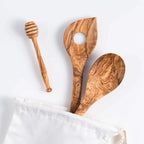 Lezarcad Handmade Olive Wood Utensils Set – 3-Piece Cooking Set with Honey Stirrer