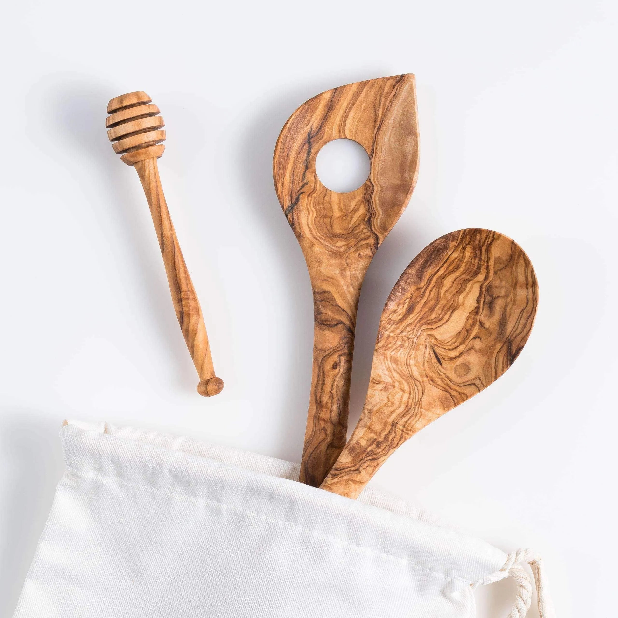 Lezarcad Handmade Olive Wood Utensils Set – 3-Piece Cooking Set with Honey Stirrer