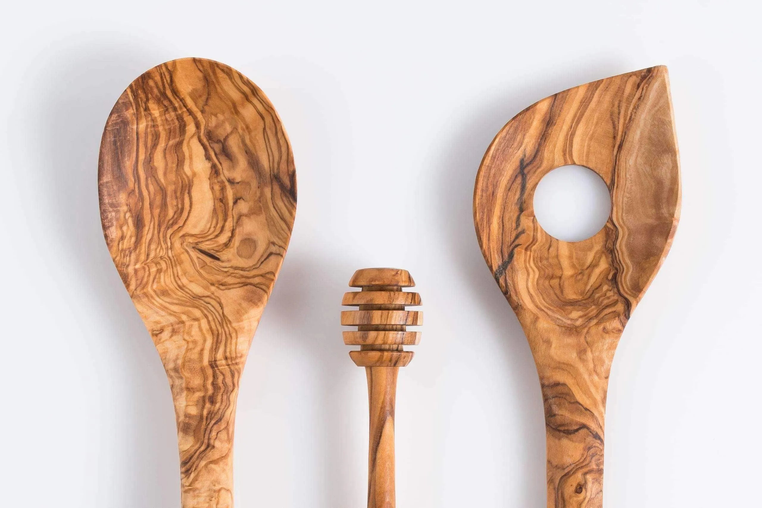 Lezarcad Handmade Olive Wood Utensils Set – 3-Piece Cooking Set with Honey Stirrer