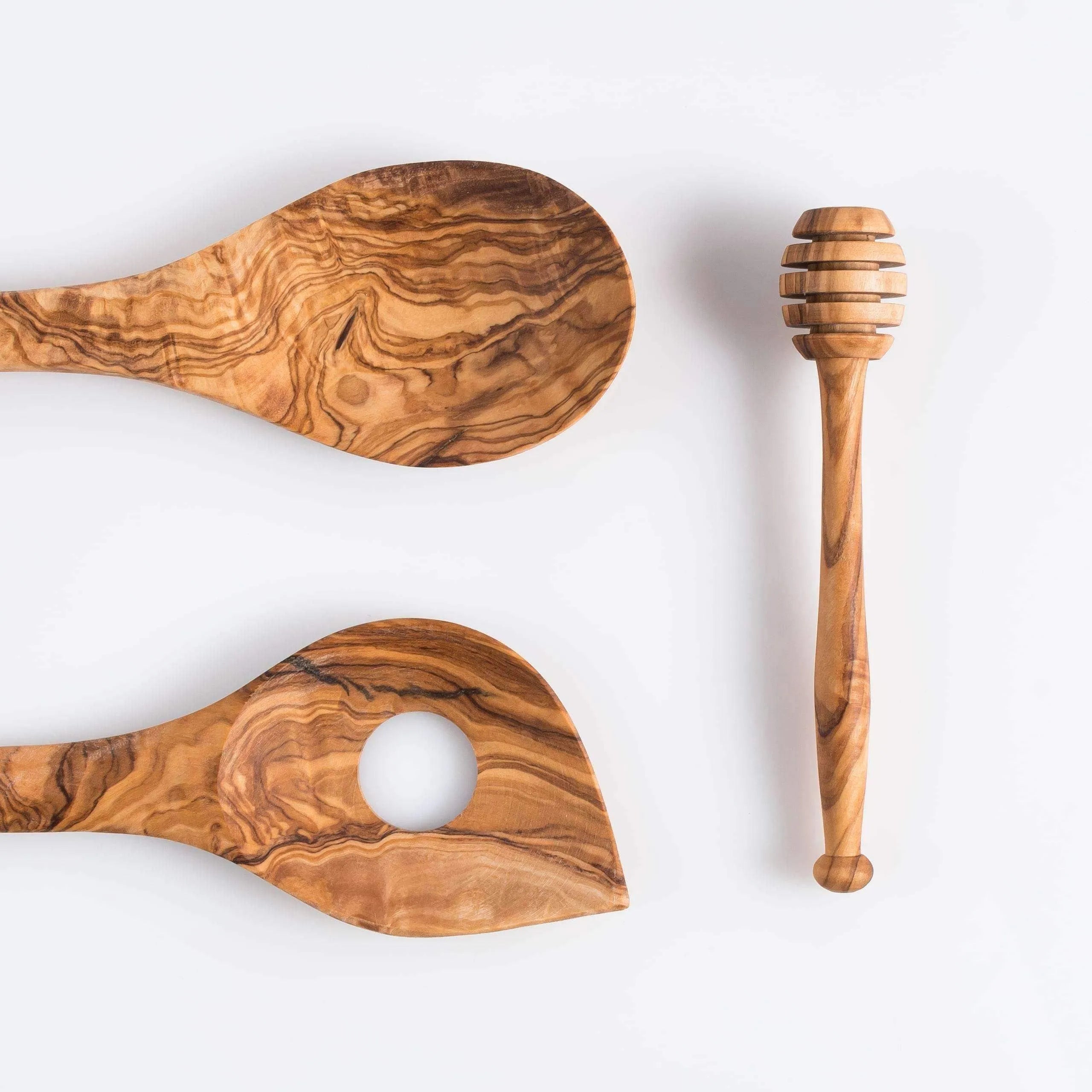 Lezarcad Handmade Olive Wood Utensils Set – 3-Piece Cooking Set with Honey Stirrer