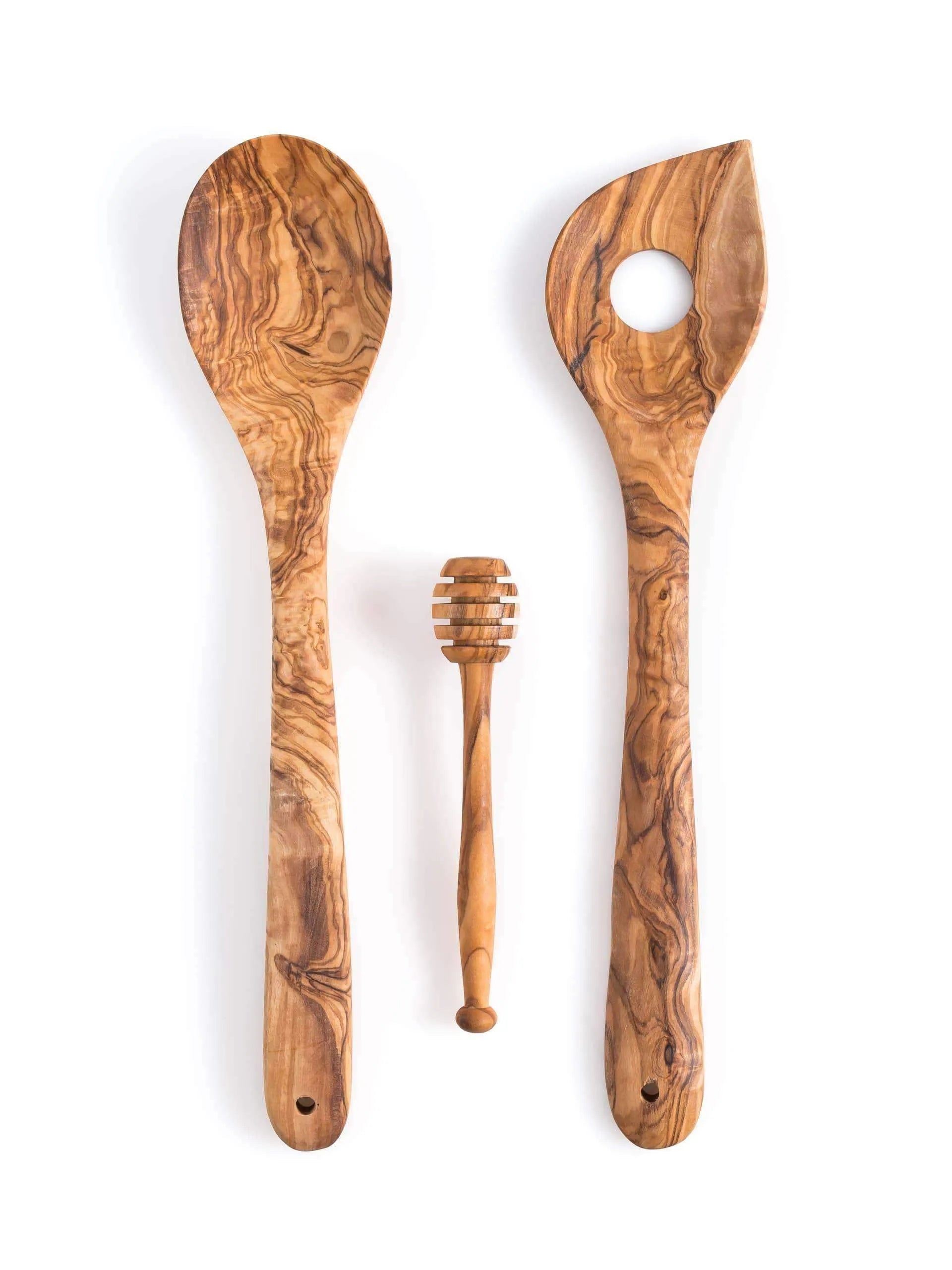 Lezarcad Handmade Olive Wood Utensils Set – 3-Piece Cooking Set with Honey Stirrer