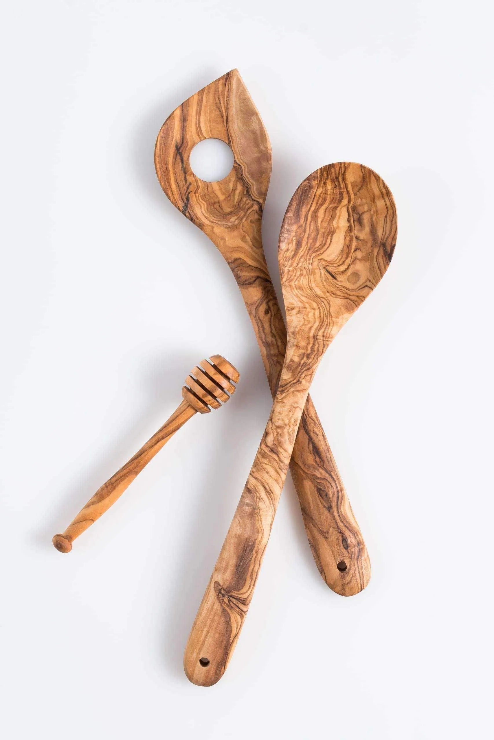 Lezarcad Handmade Olive Wood Utensils Set – 3-Piece Cooking Set with Honey Stirrer