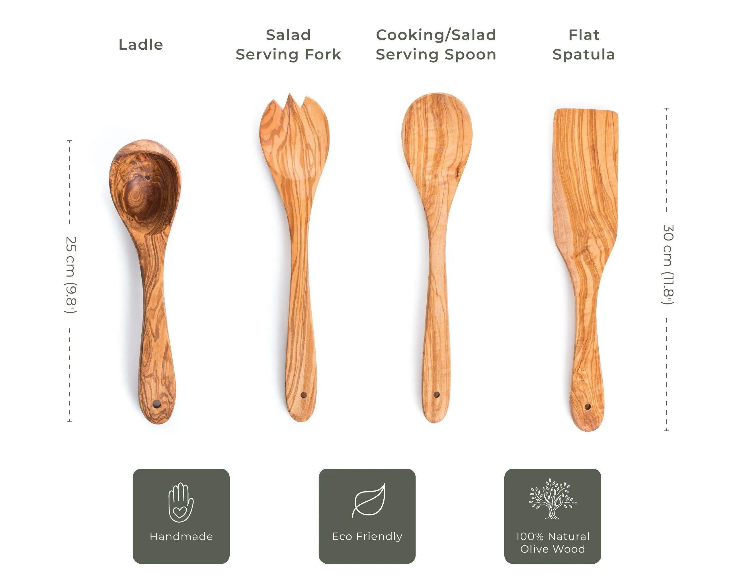 Lezarcad Olive Wood Kitchen Utensils – Handmade 4-Piece Set with Spatula, Ladle & Spoons