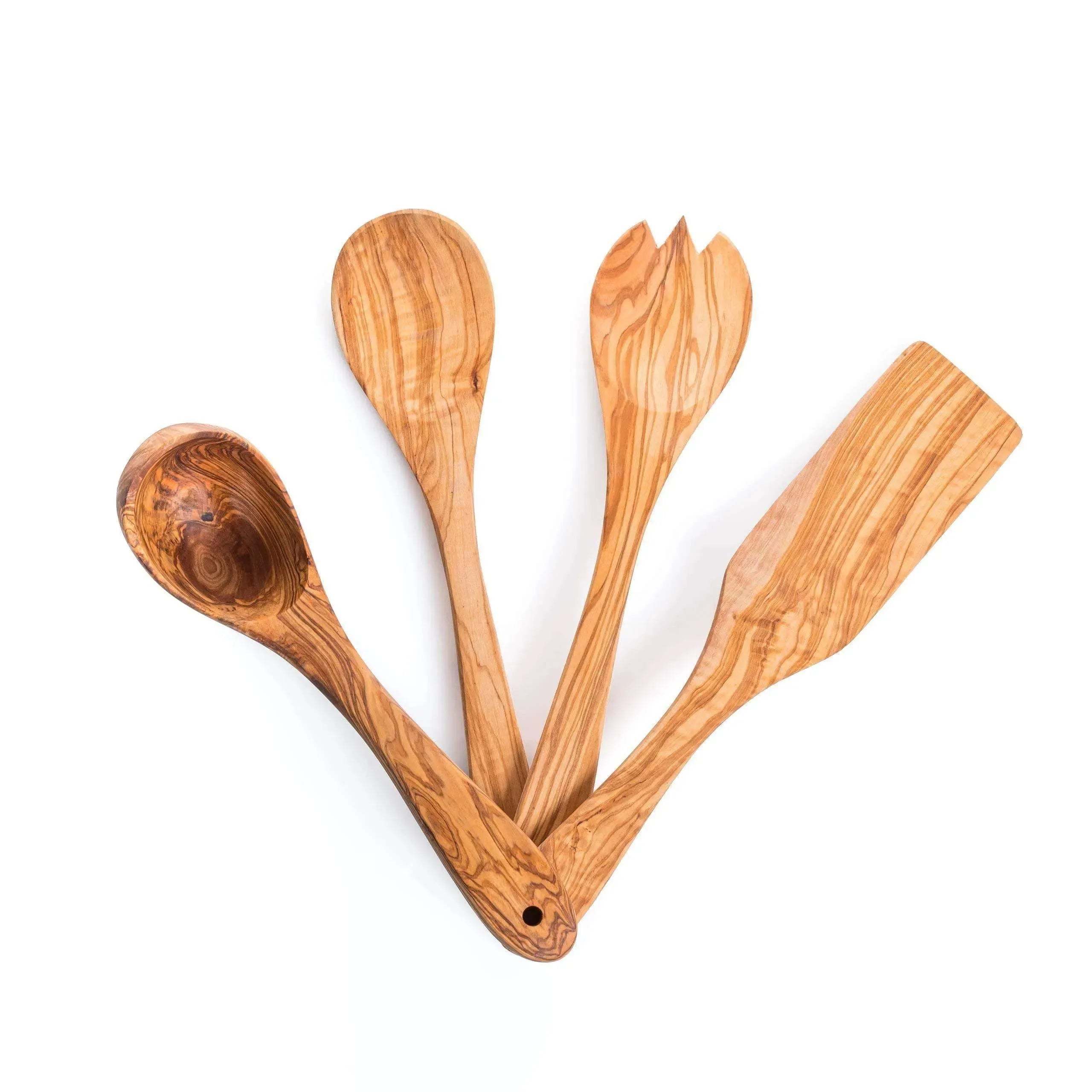 Lezarcad Olive Wood Kitchen Utensils – Handmade 4-Piece Set with Spatula, Ladle & Spoons