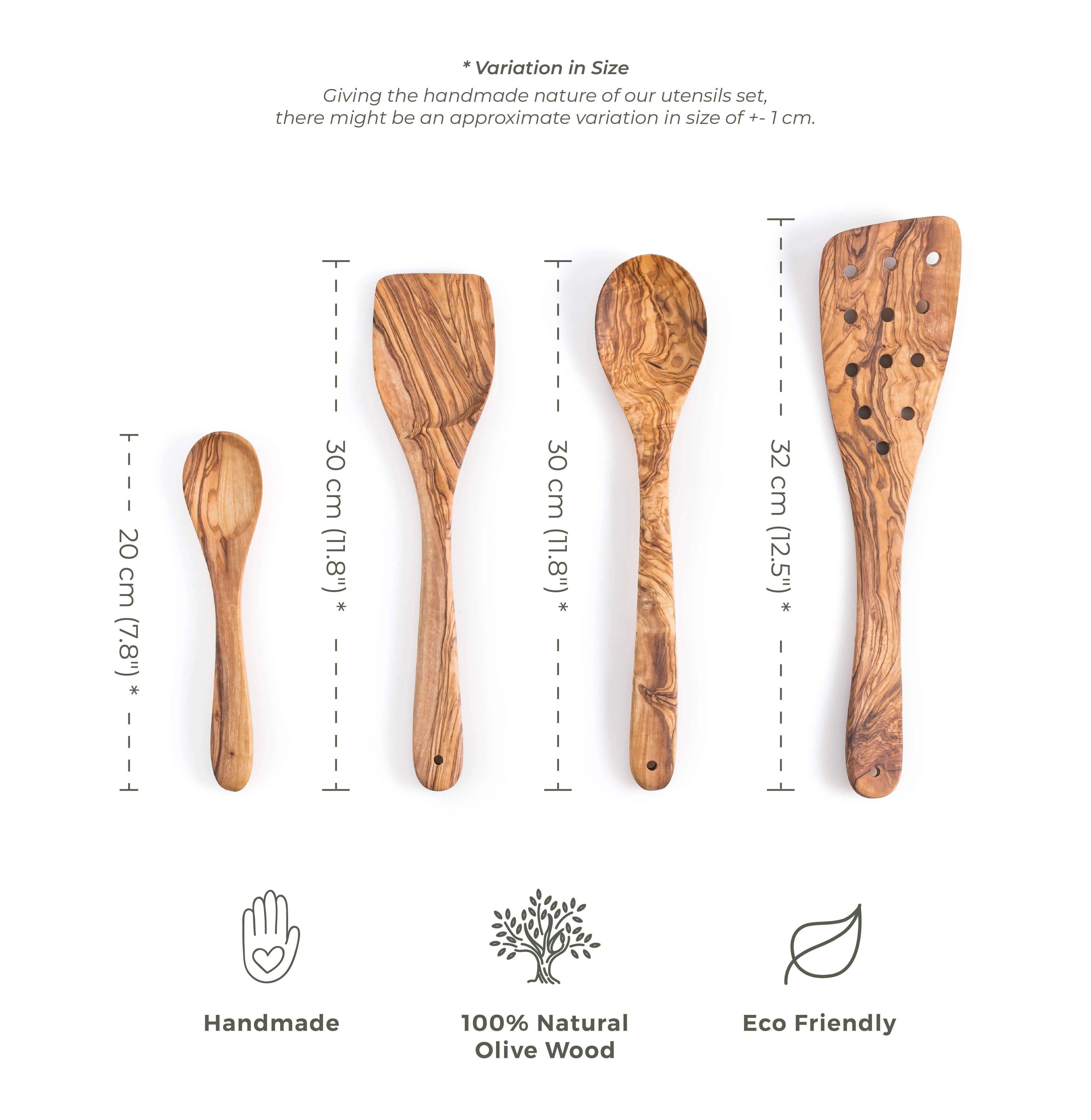 Lezarcad Olive Wood Kitchen Utensils – Handmade Set with Slotted Spatula & Small Spoon
