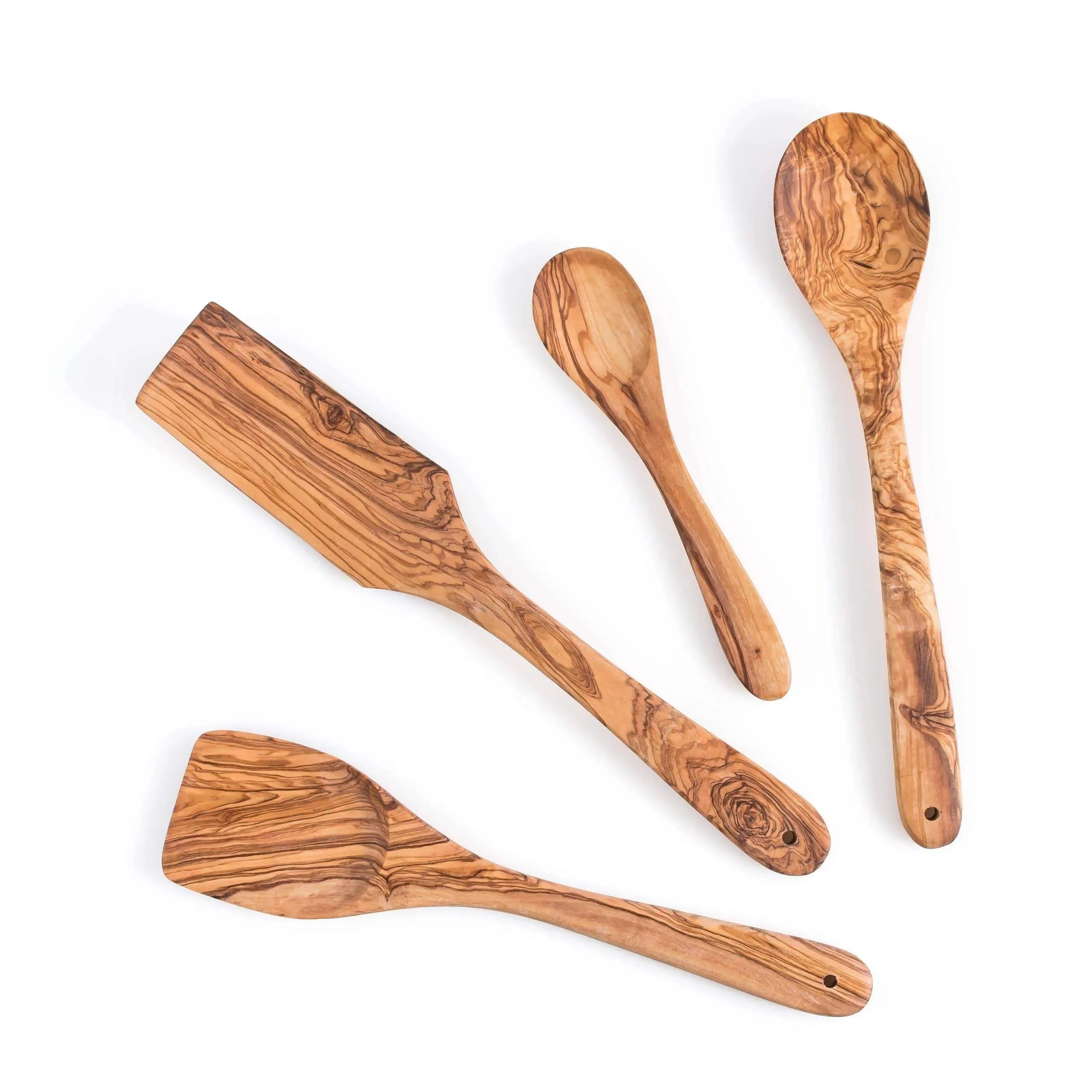 Lezarcad Olive Wood Kitchen Utensils Set – 4 Handmade Cooking Tools with Small Spoon