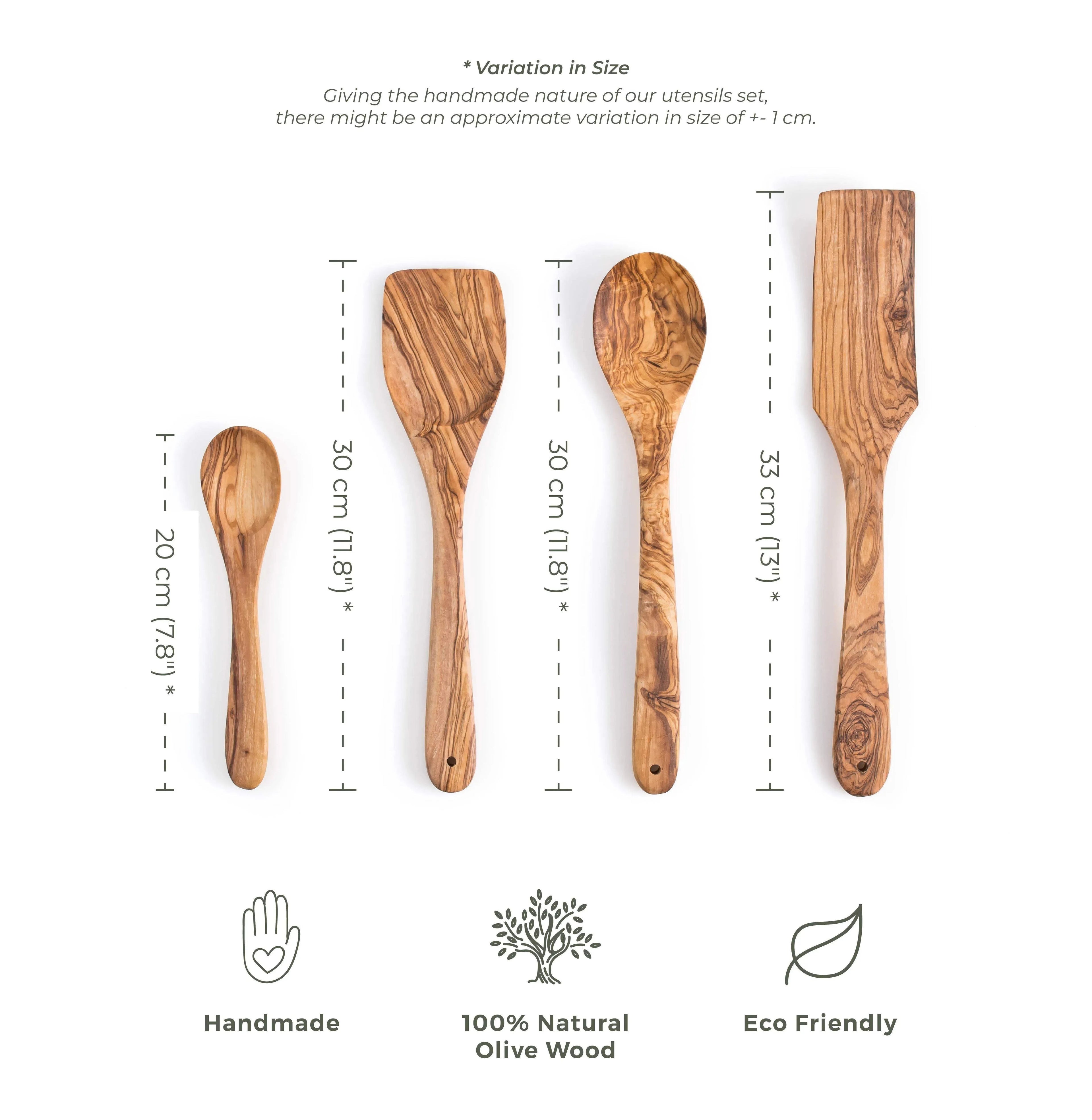 Lezarcad Olive Wood Kitchen Utensils Set – 4 Handmade Cooking Tools with Small Spoon
