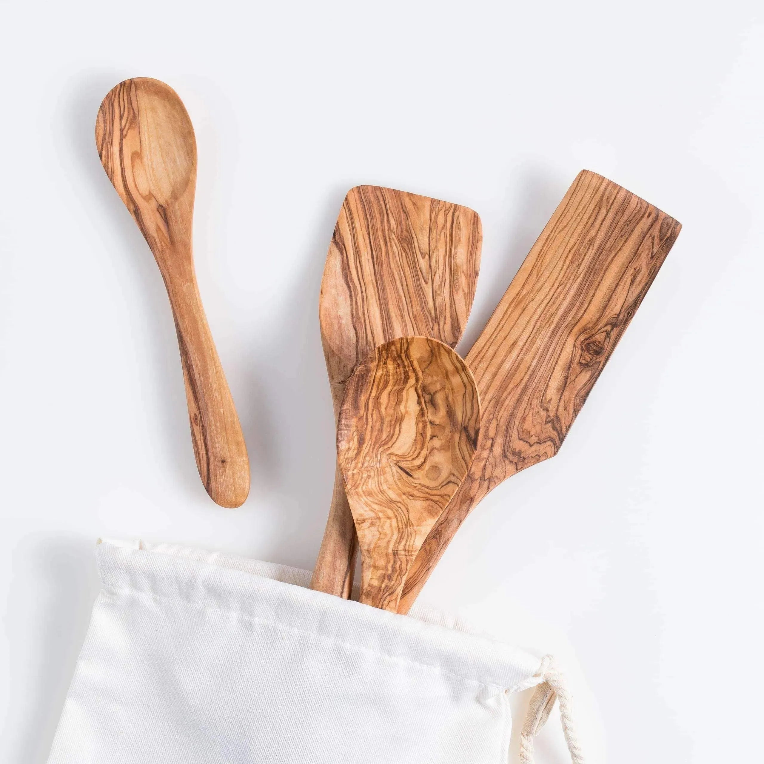 Lezarcad Olive Wood Kitchen Utensils Set – 4 Handmade Cooking Tools with Small Spoon