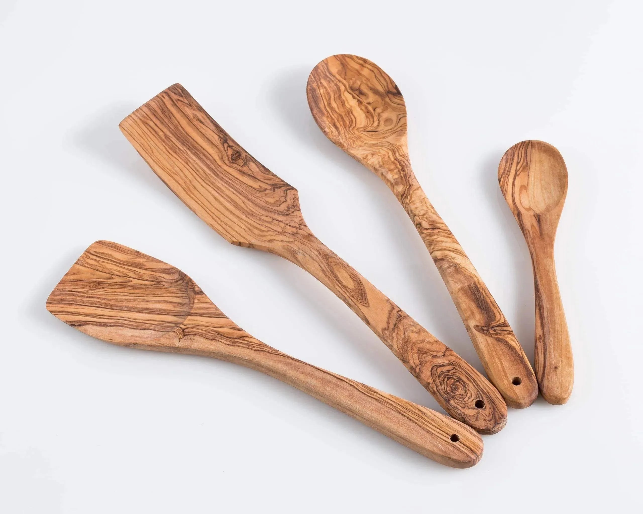 Lezarcad Olive Wood Kitchen Utensils Set – 4 Handmade Cooking Tools with Small Spoon