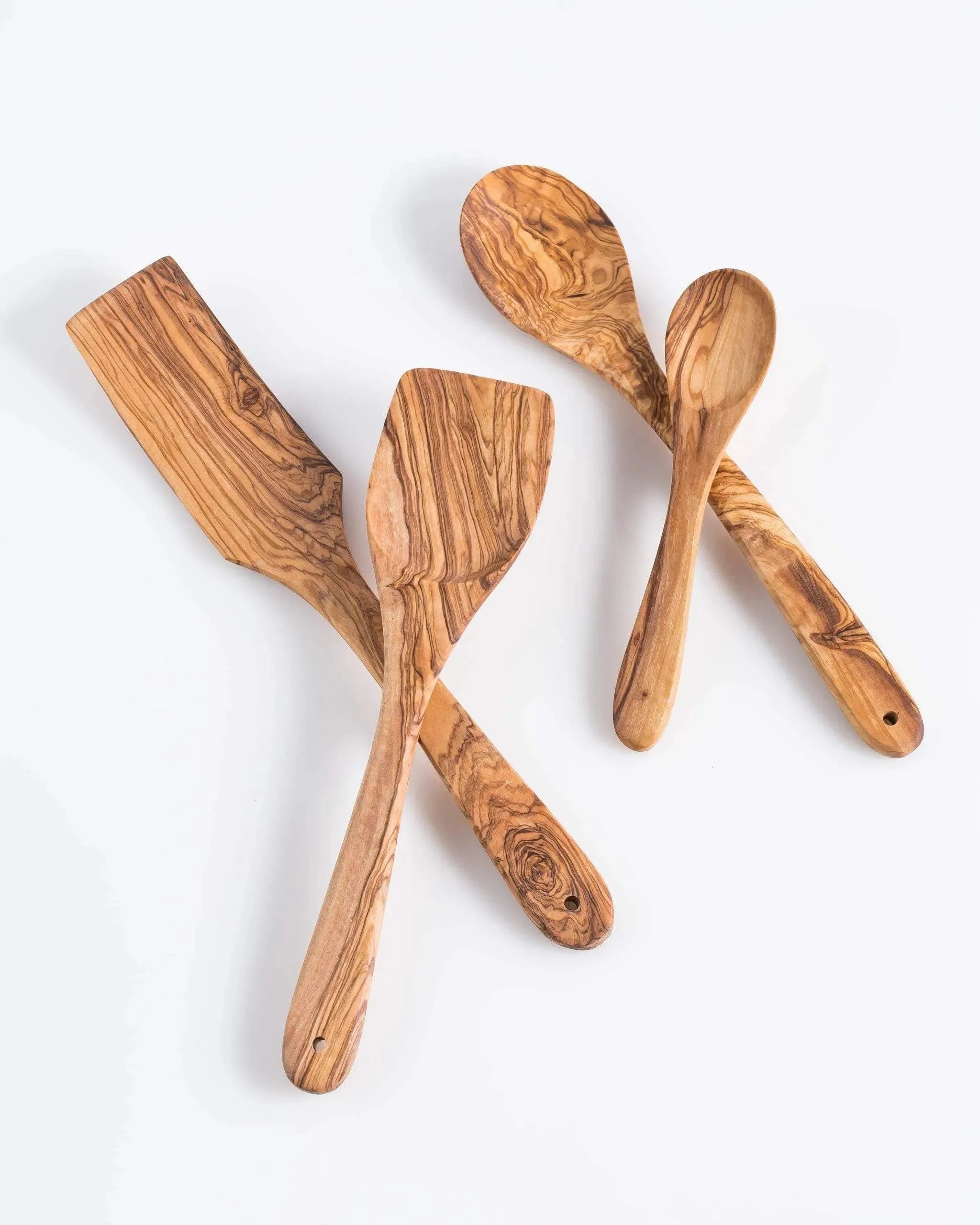 Lezarcad Olive Wood Kitchen Utensils Set – 4 Handmade Cooking Tools with Small Spoon