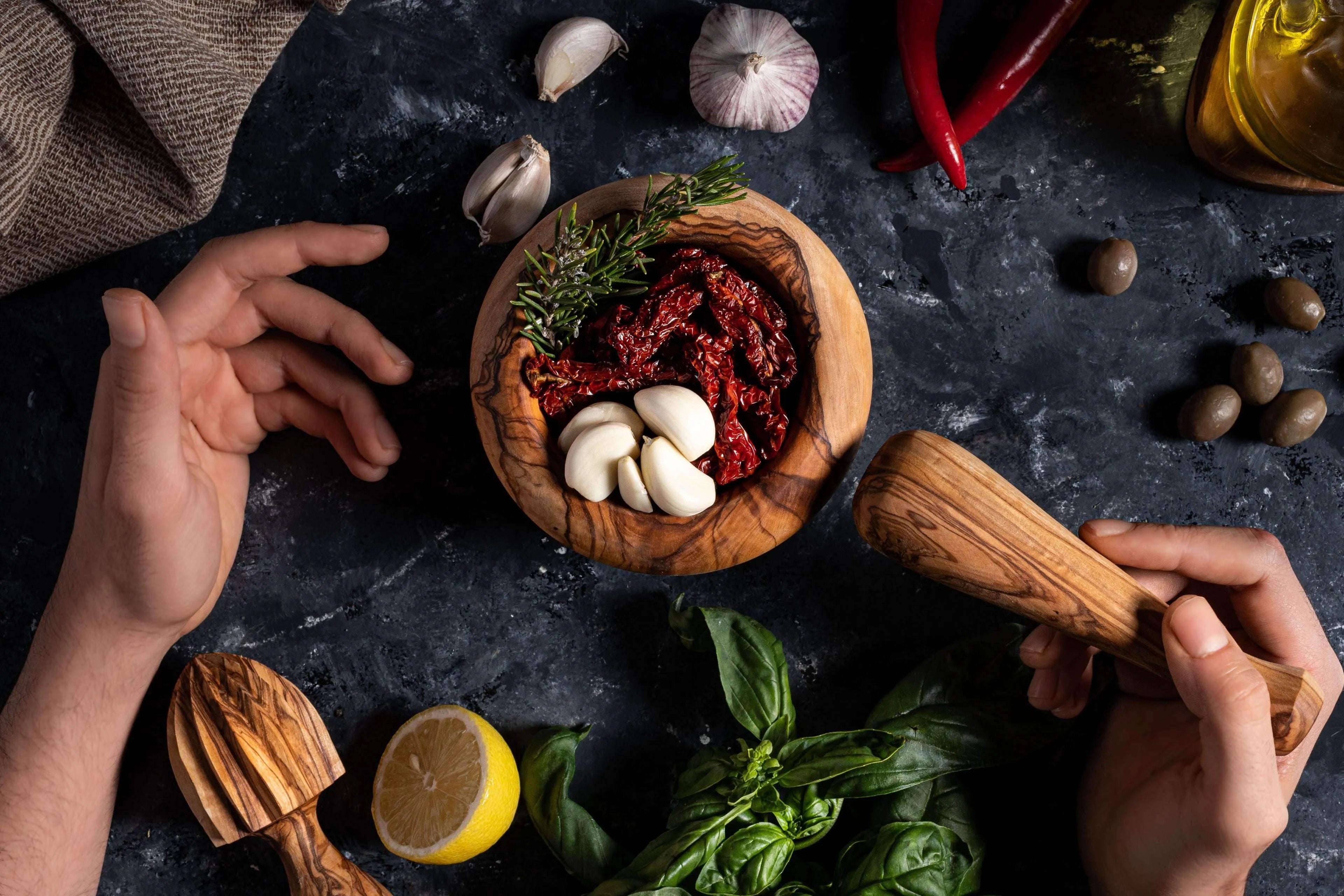 Lezarcad Premium Olive Wood- Classic Round Mortar & Pestle: Handmade, Durable, All-purpose Grinding