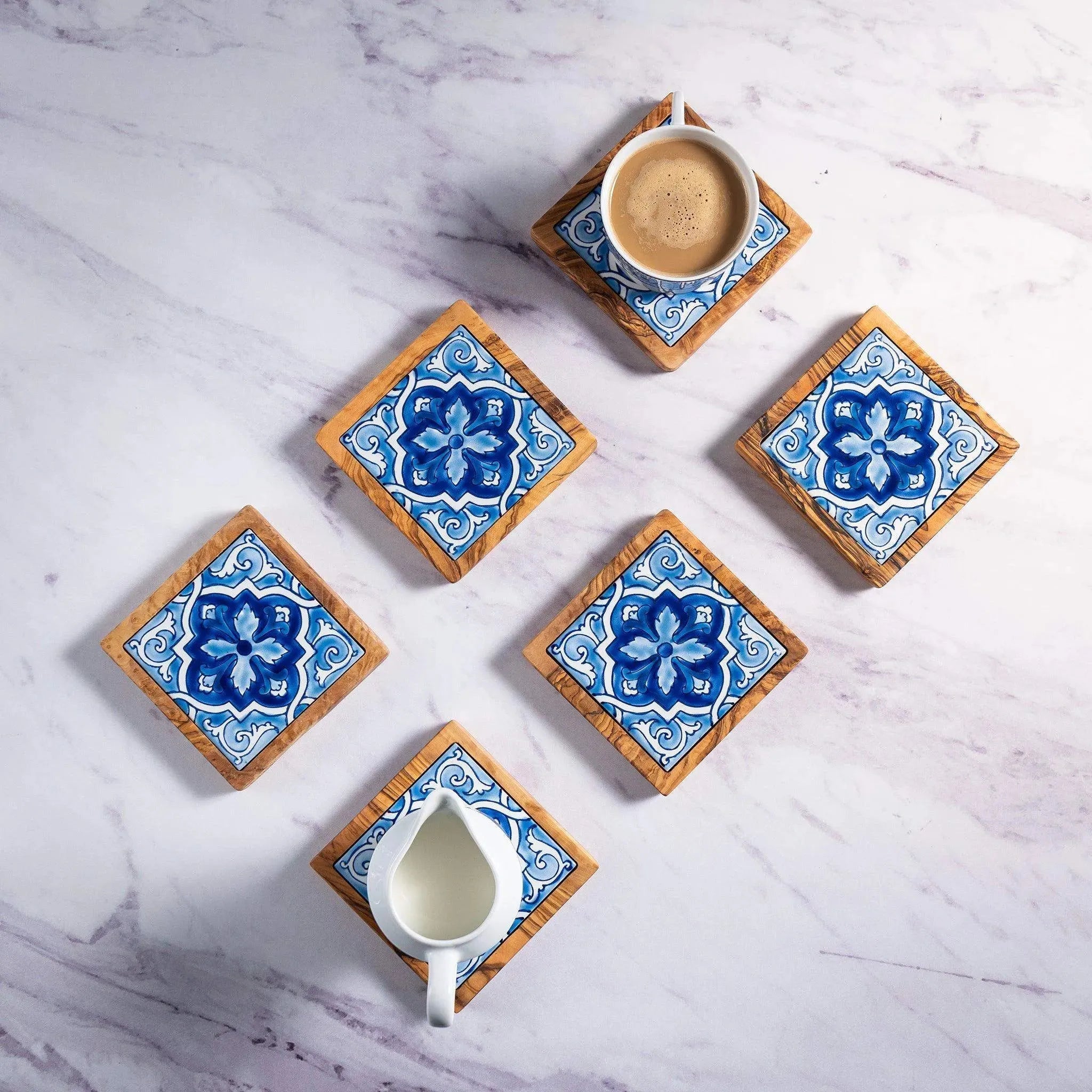 Olive Wood & Ceramic Tray with Matching Coasters – Handcrafted Mediterranean Set