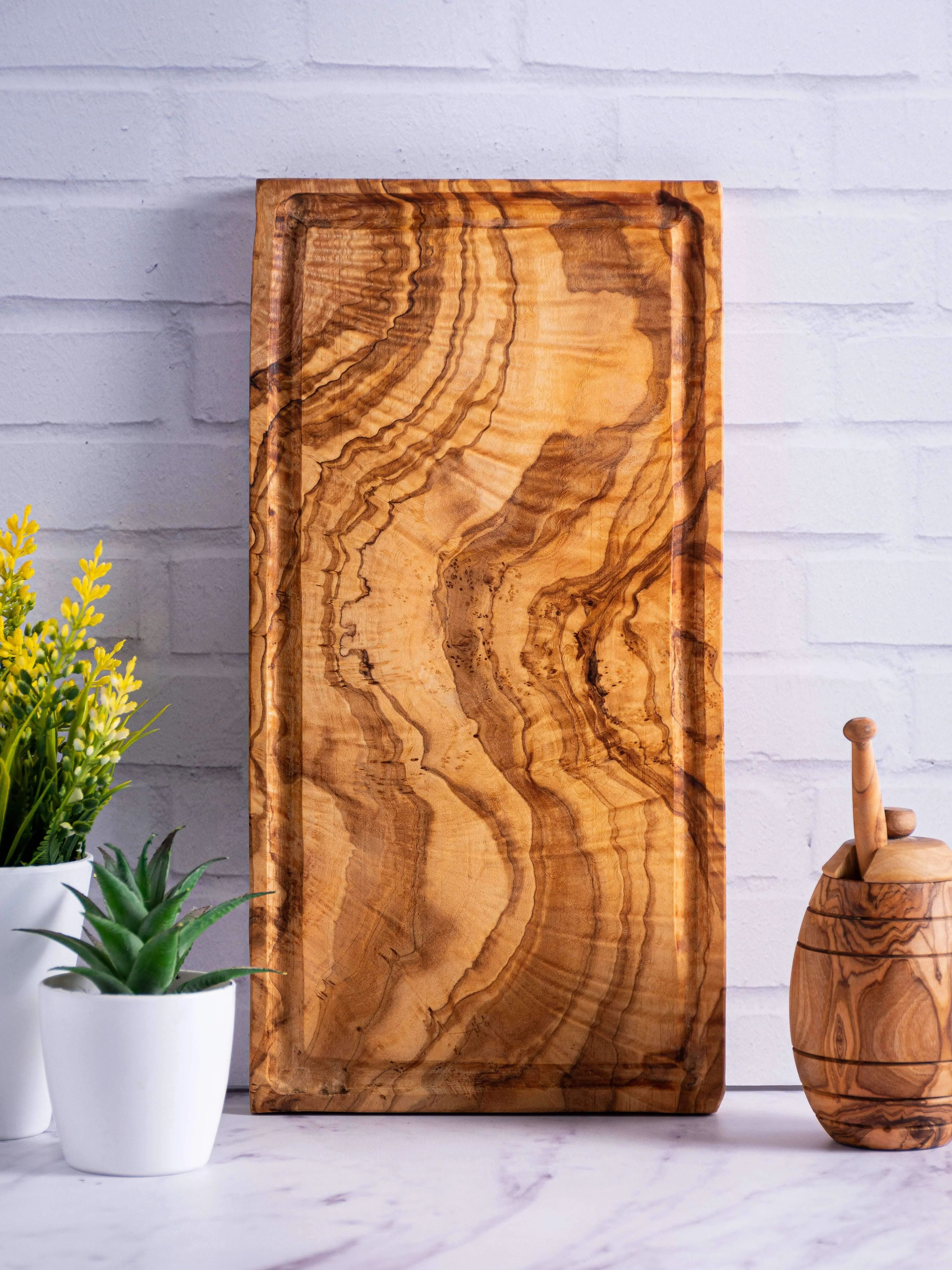 Olive Wood Rustic Cutting Board with Groove - 35x18 cm
