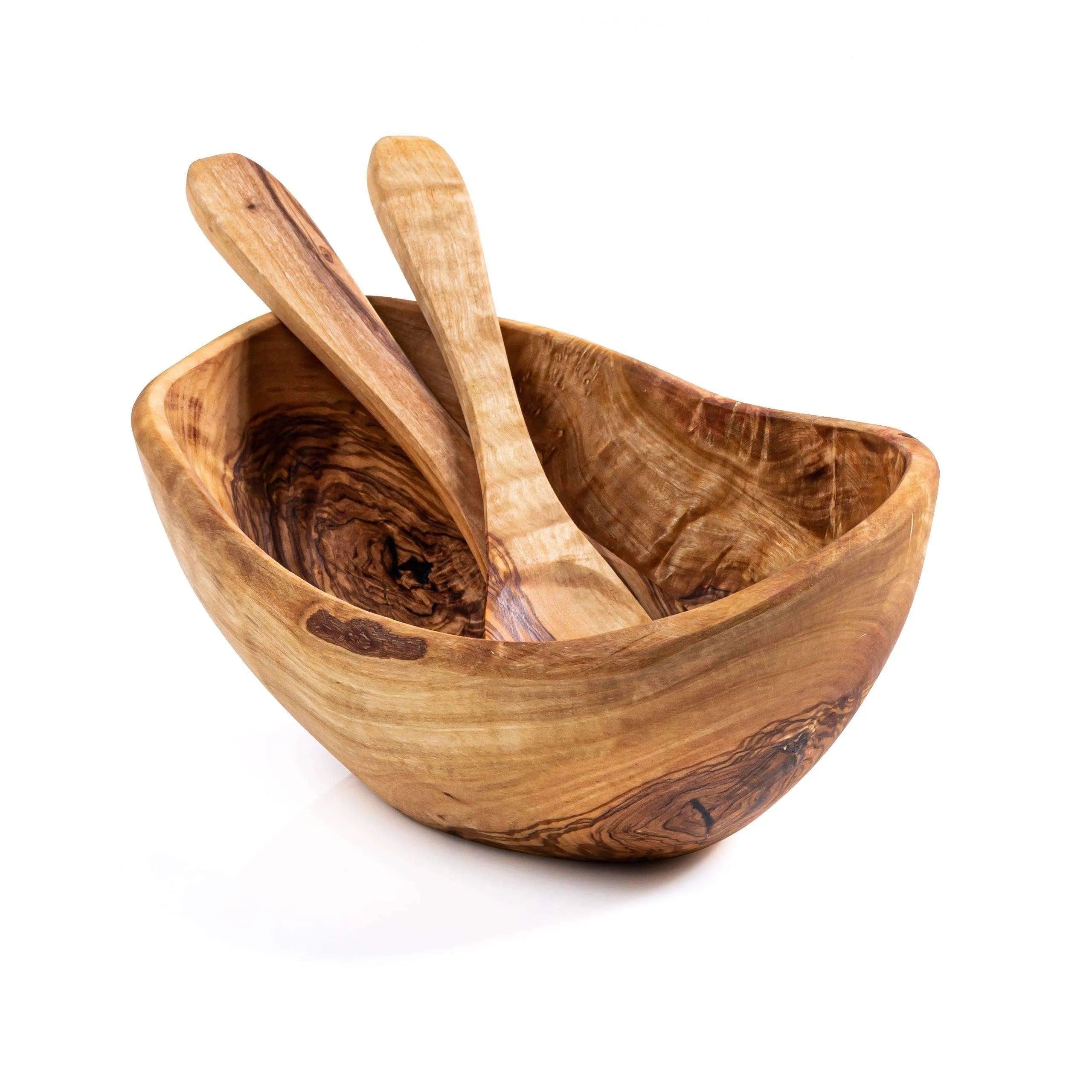 Rustic Handmade Olive Wood Bowl & Salad Servers – Eco-Friendly Kitchenware