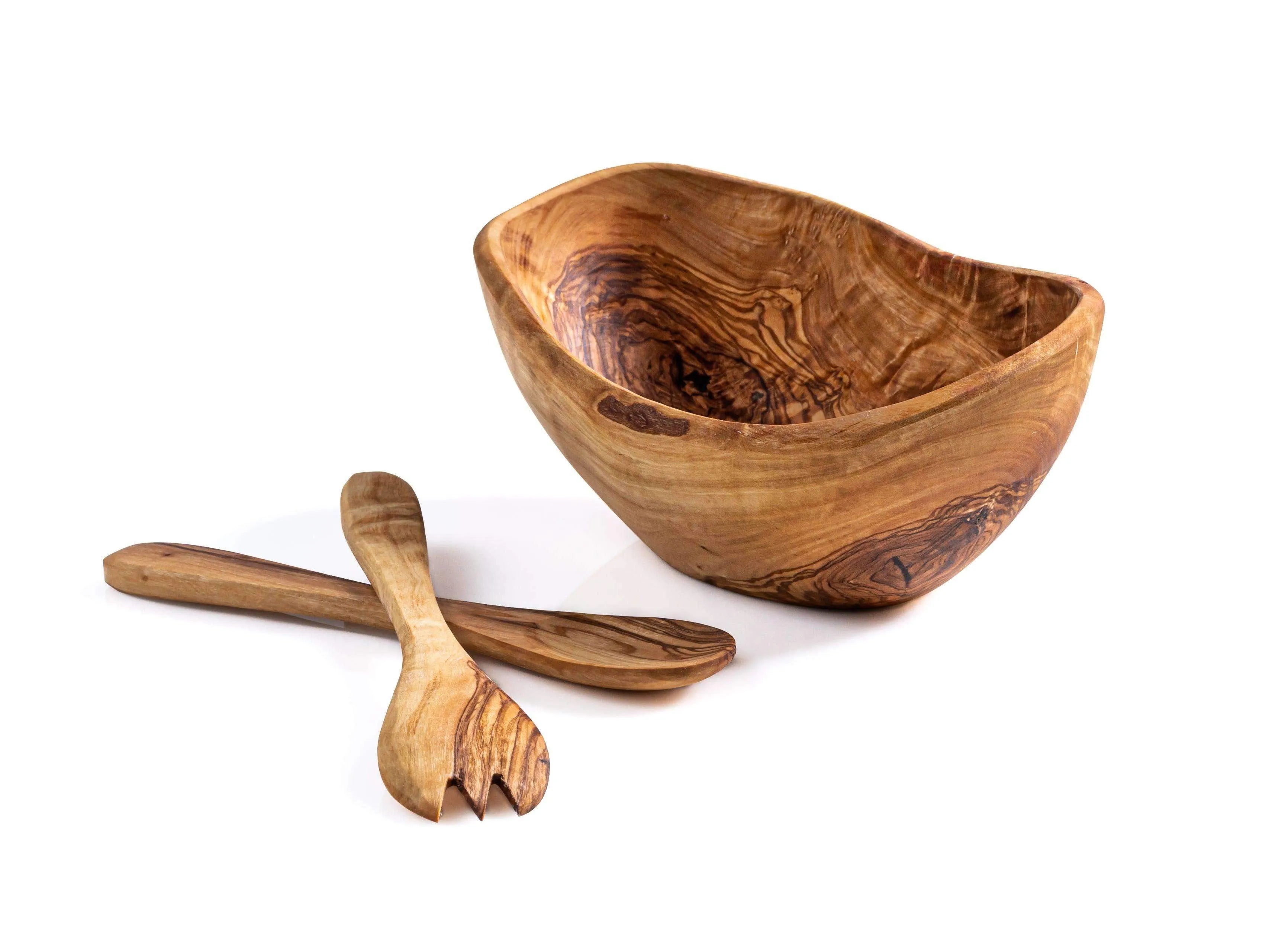Rustic Handmade Olive Wood Bowl & Salad Servers – Eco-Friendly Kitchenware